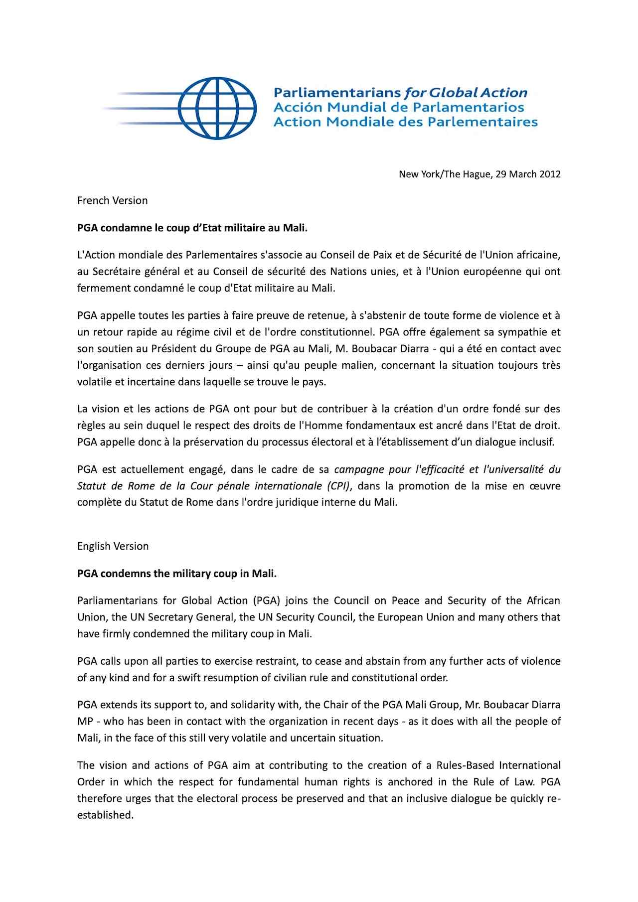 PGA condemns the military coup in Mali (Mar. 2012)