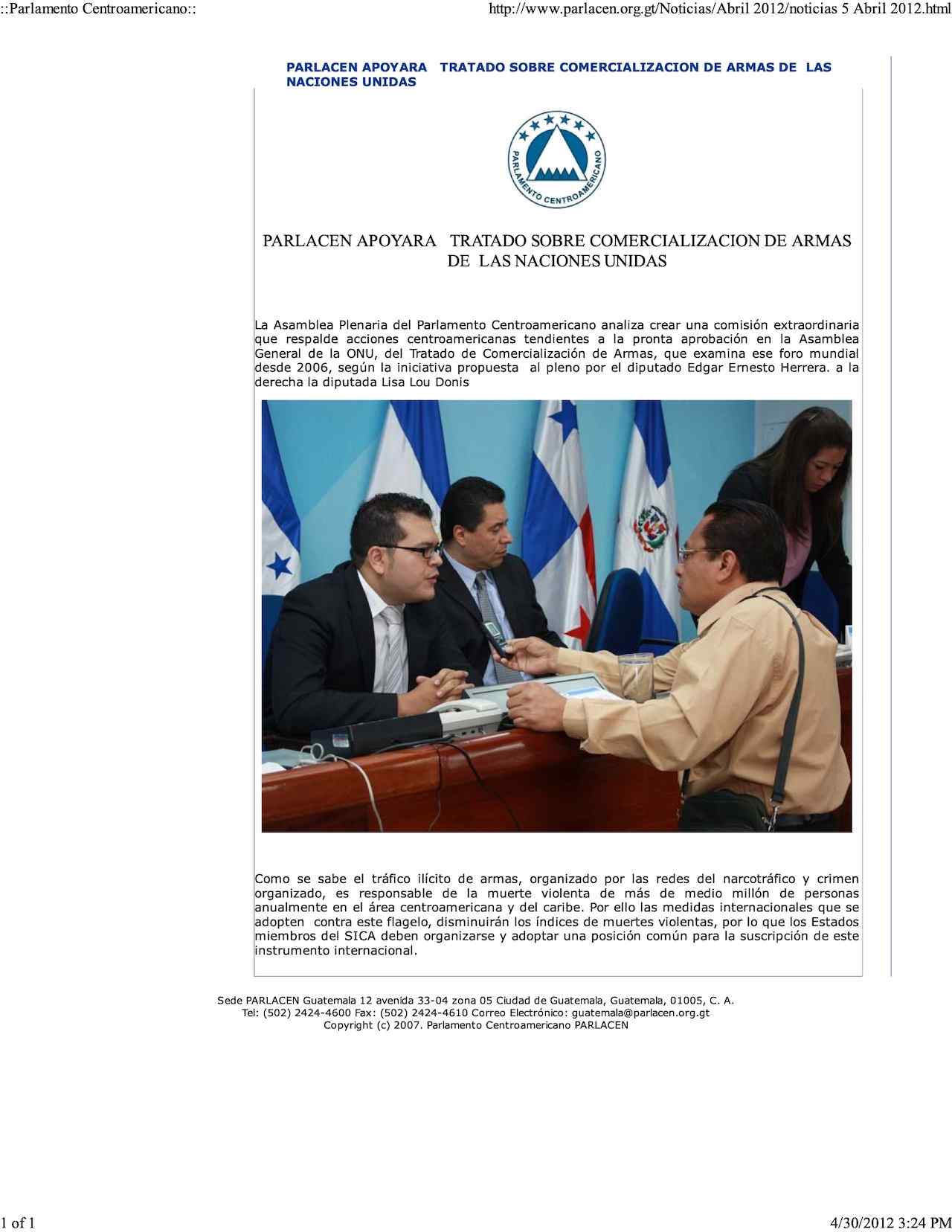 Parlacen Apoyara Tratado Sobre Comercializacion de Armas de las Naciones Unidas