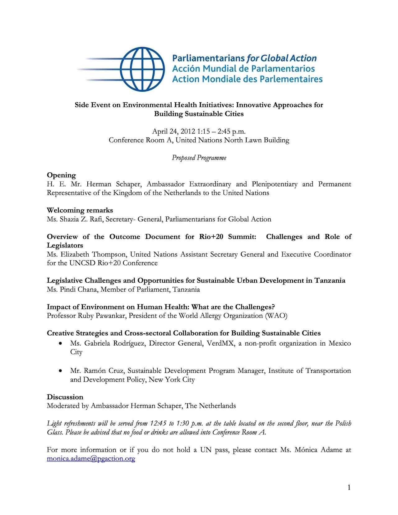 Agenda: Side Event on Environmental Health Initiatives: Innovative Approaches for Building Sustainable Cities