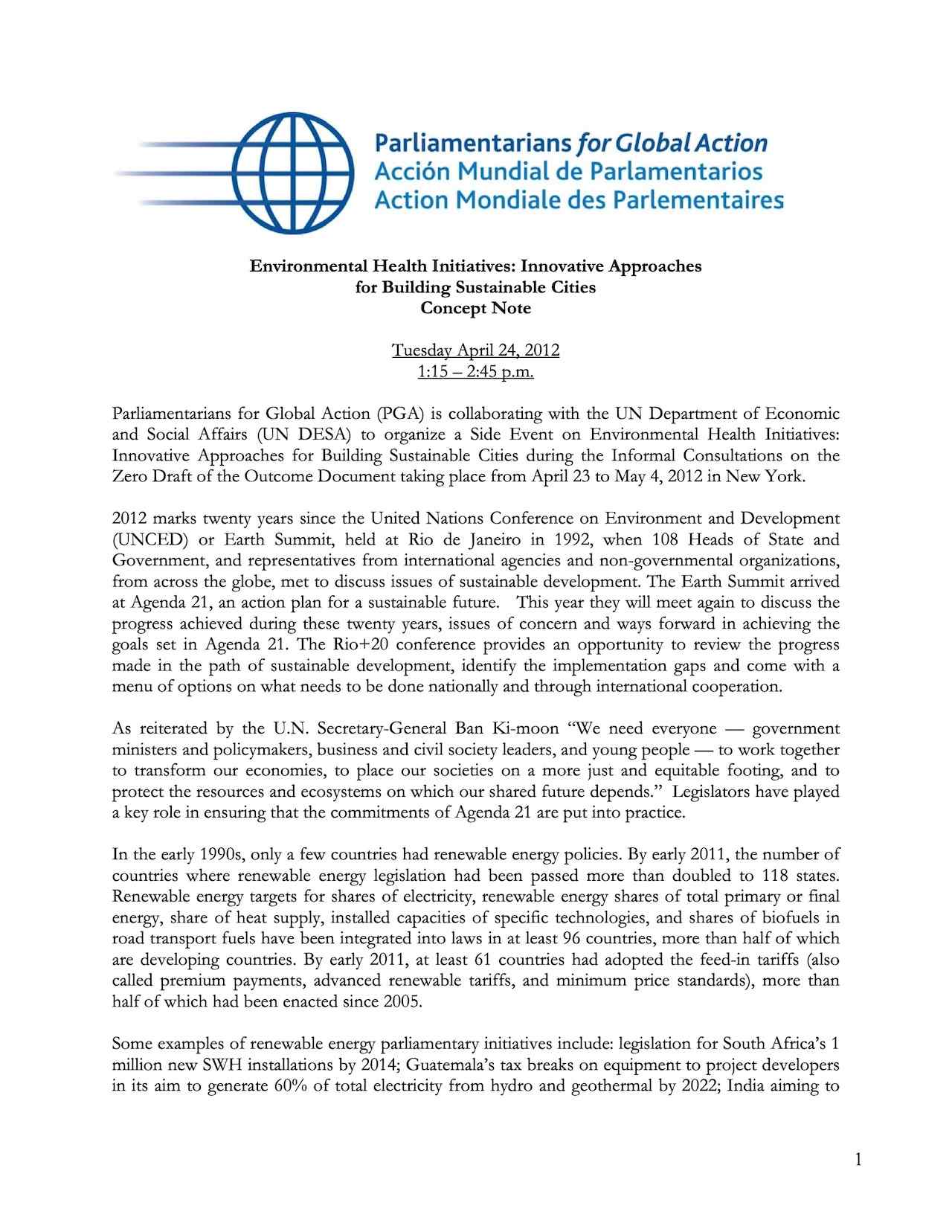 Concept Note: Side Event on Environmental Health Initiatives: Innovative Approaches for Building Sustainable Cities