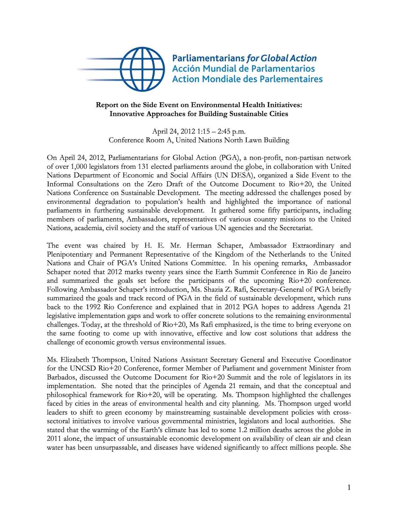 Report on the Side Event on Environmental Health Initiatives: Innovative Approaches for Building Sustainable Cities