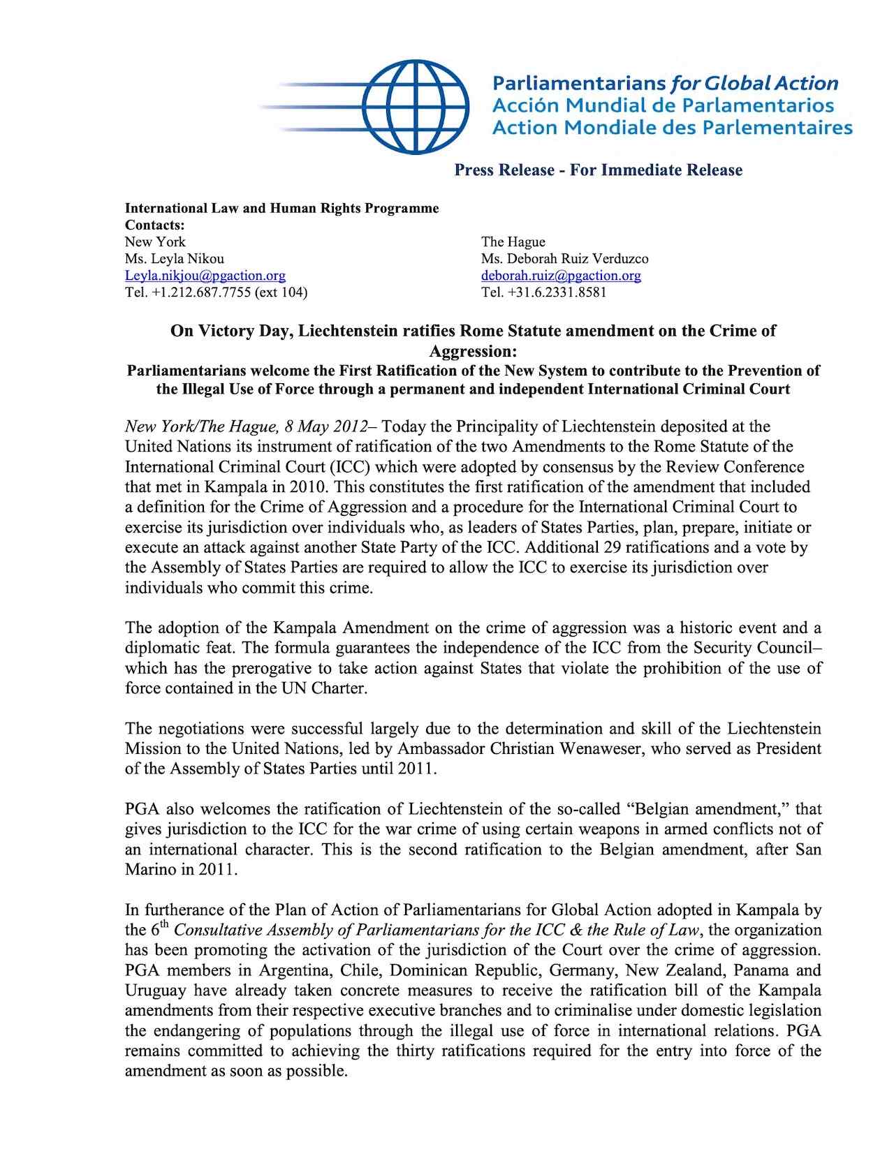 Liechtenstein ratifies Rome Statute amendment on the Crime of Aggression (May 2012)