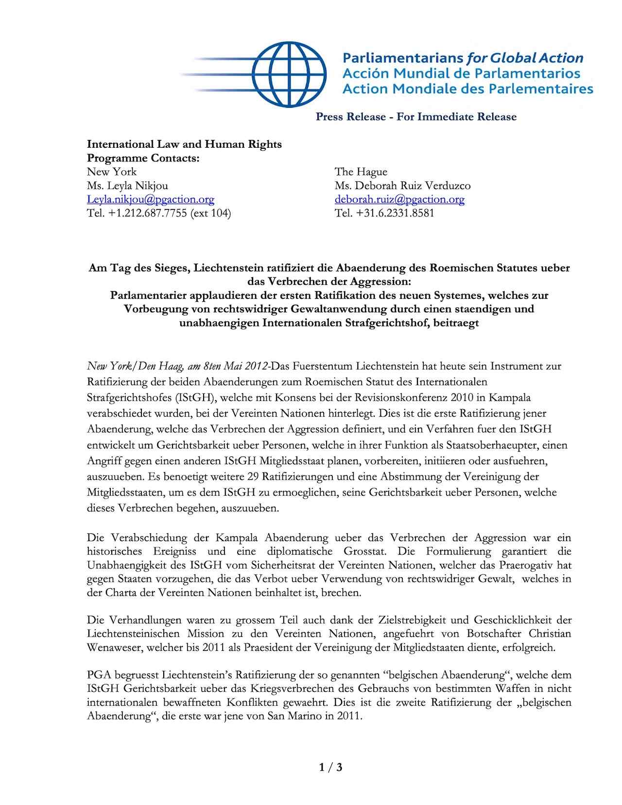 Liechtenstein ratifiziert die Abaenderung des Roemischen Statutes ueber das Verbrechen der Aggression