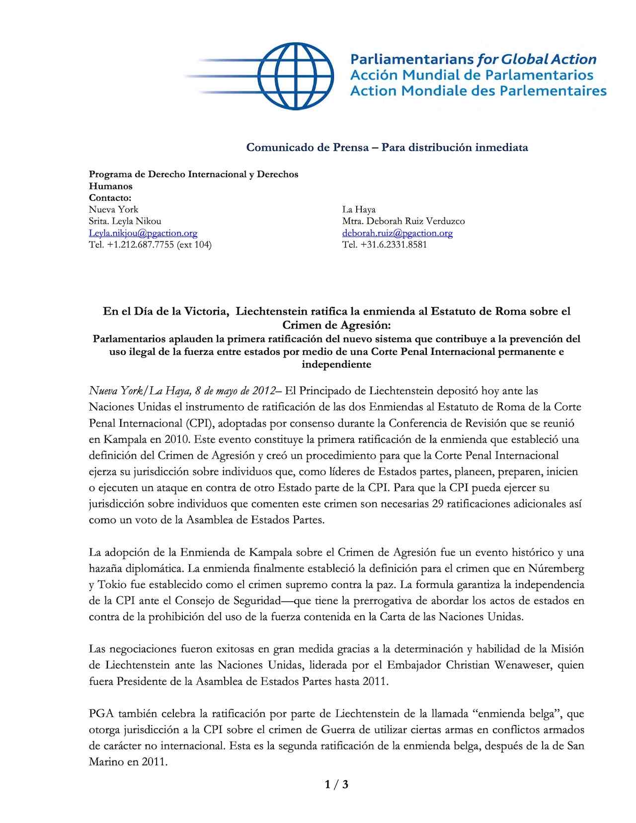 Liechtenstein ratifica la enmienda al Estatuto de Roma sobre el Crimen de Agresión