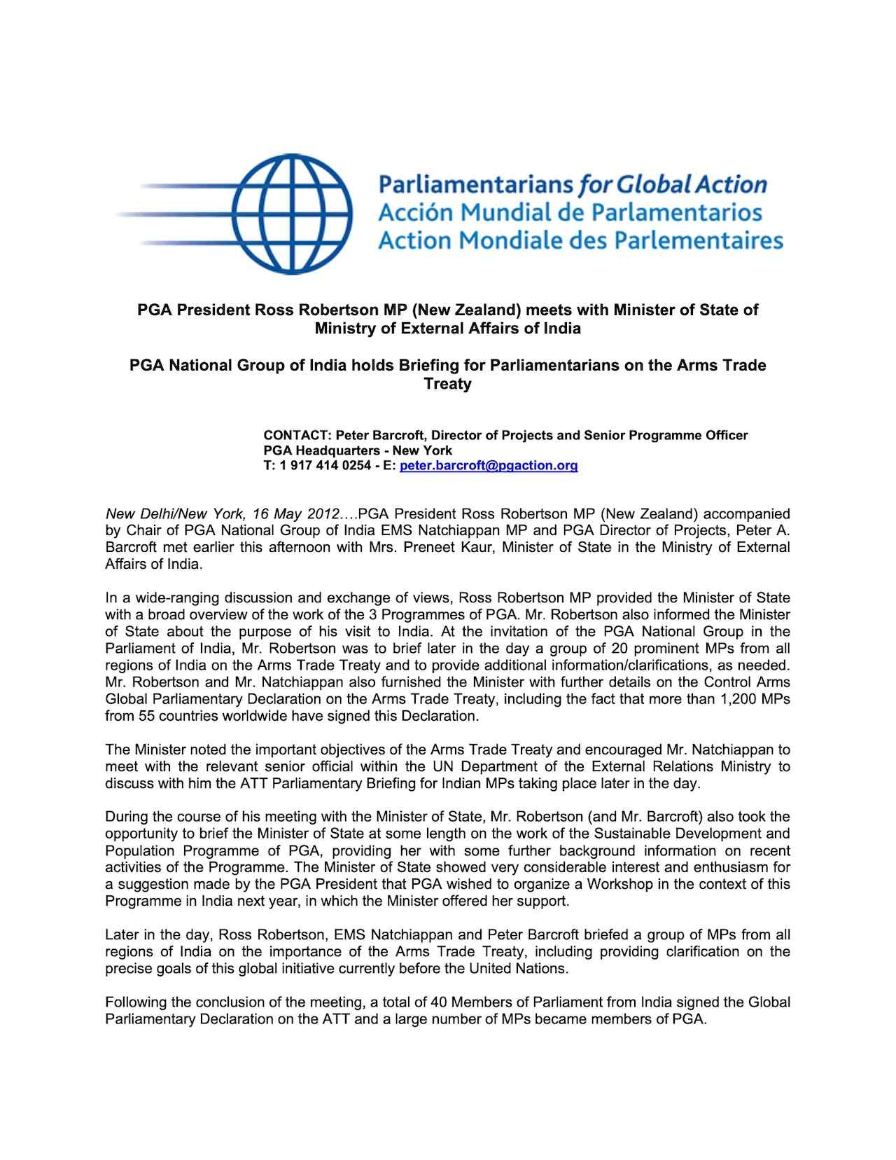 PGA President Ross Robertson MP (New Zealand) meets with Minister of State of Ministry of External Affairs of India