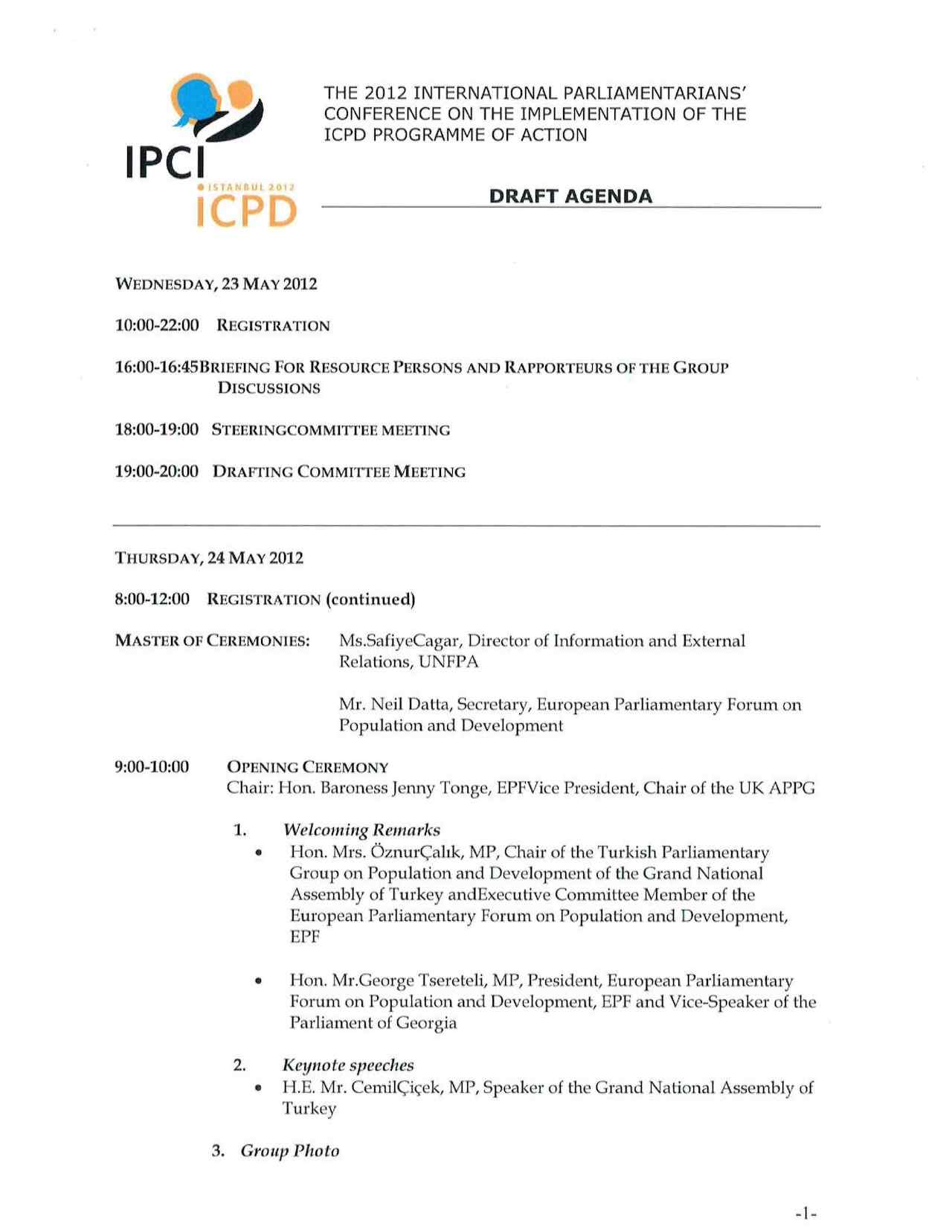 Agenda: 2012 International Parliamentarians' Conference on the Implementation of the ICPD Programme of Action