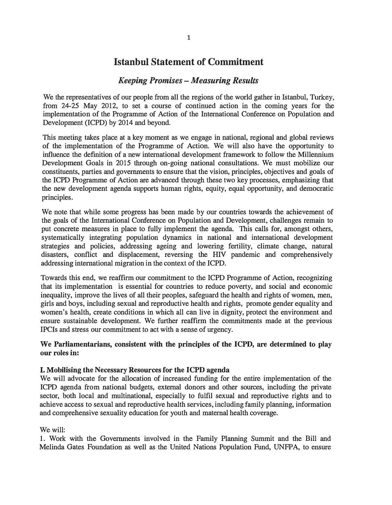 Istanbul Statement of Commitment - Conference on the Implementation of the ICPD POA