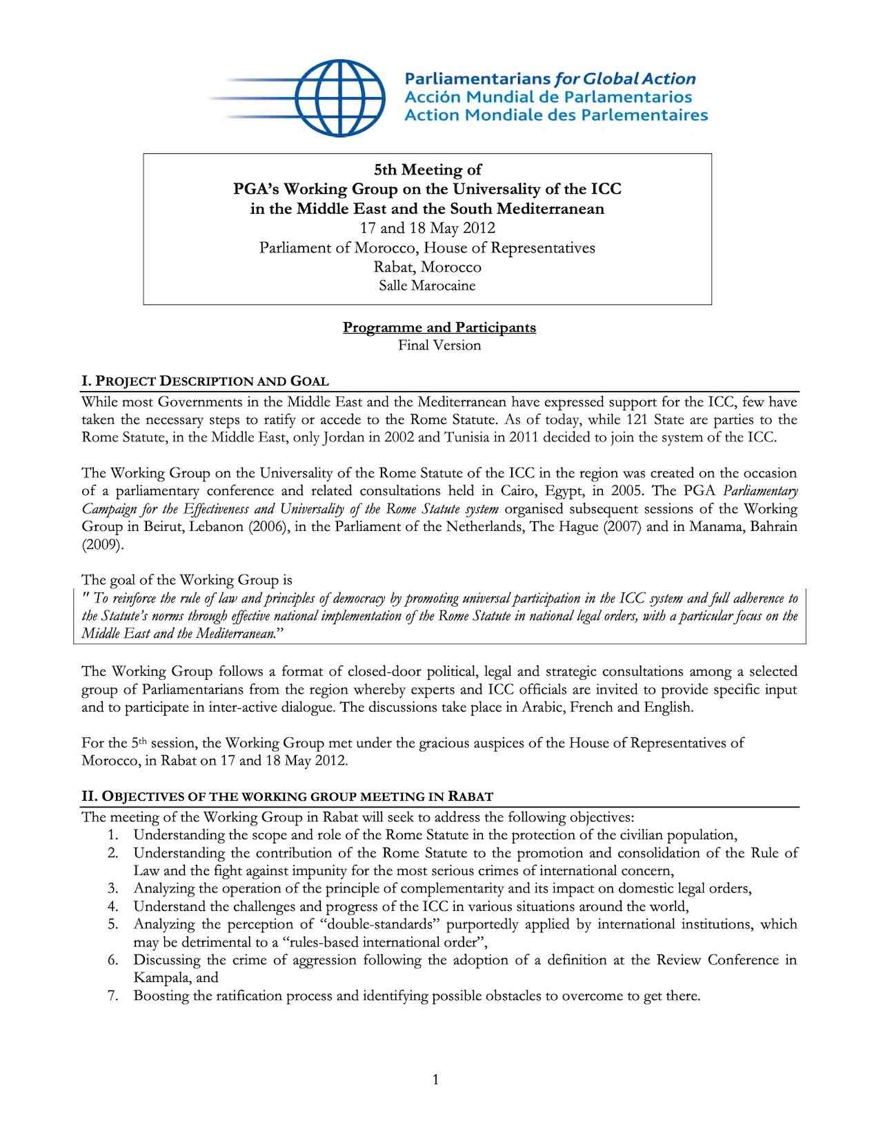 Agenda and List of Participants: 5th Meeting of PGA’s Working Group on the Universality of the ICC in the Middle East and the South Mediterranean