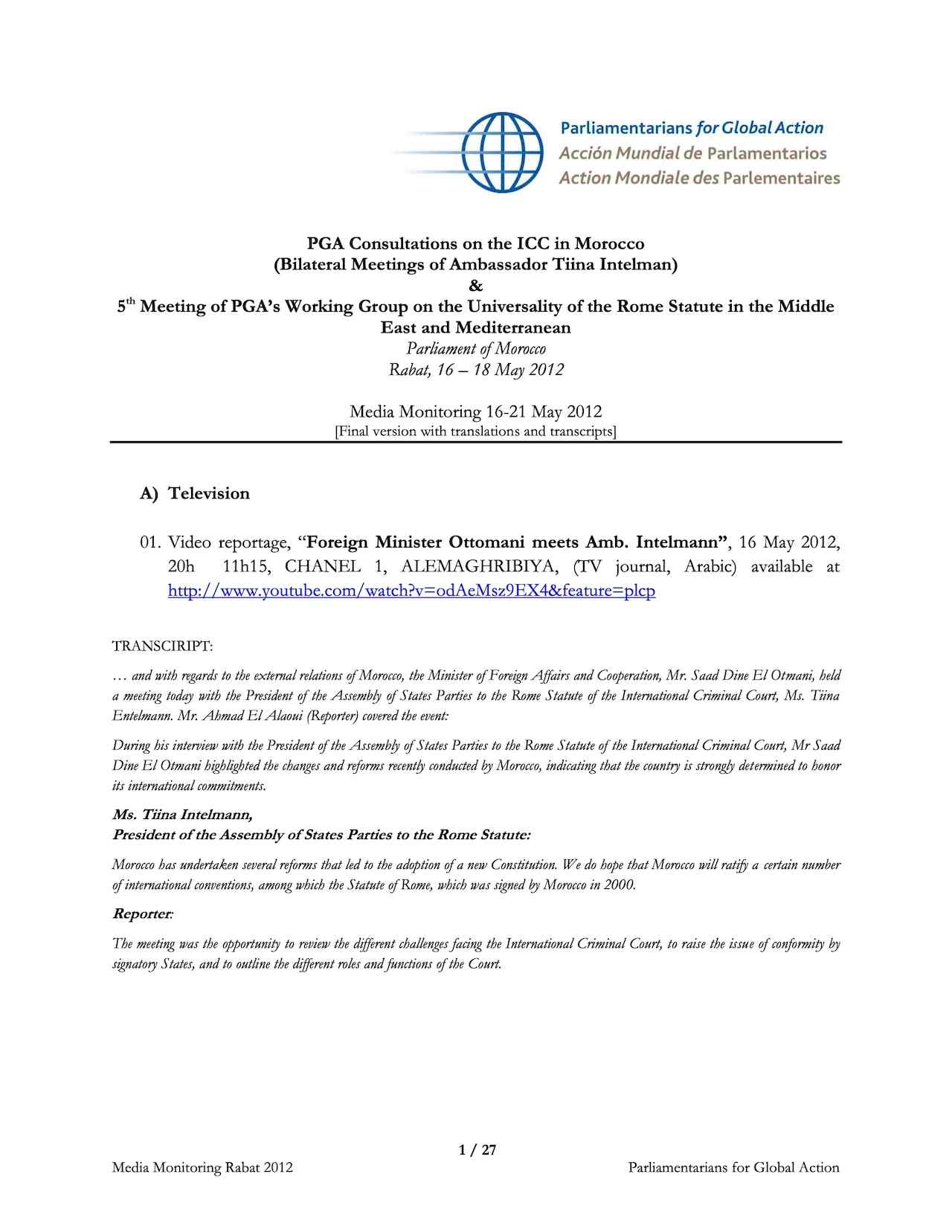 Media Monitoring: PGA Consultations on the ICC in Morocco (2012)