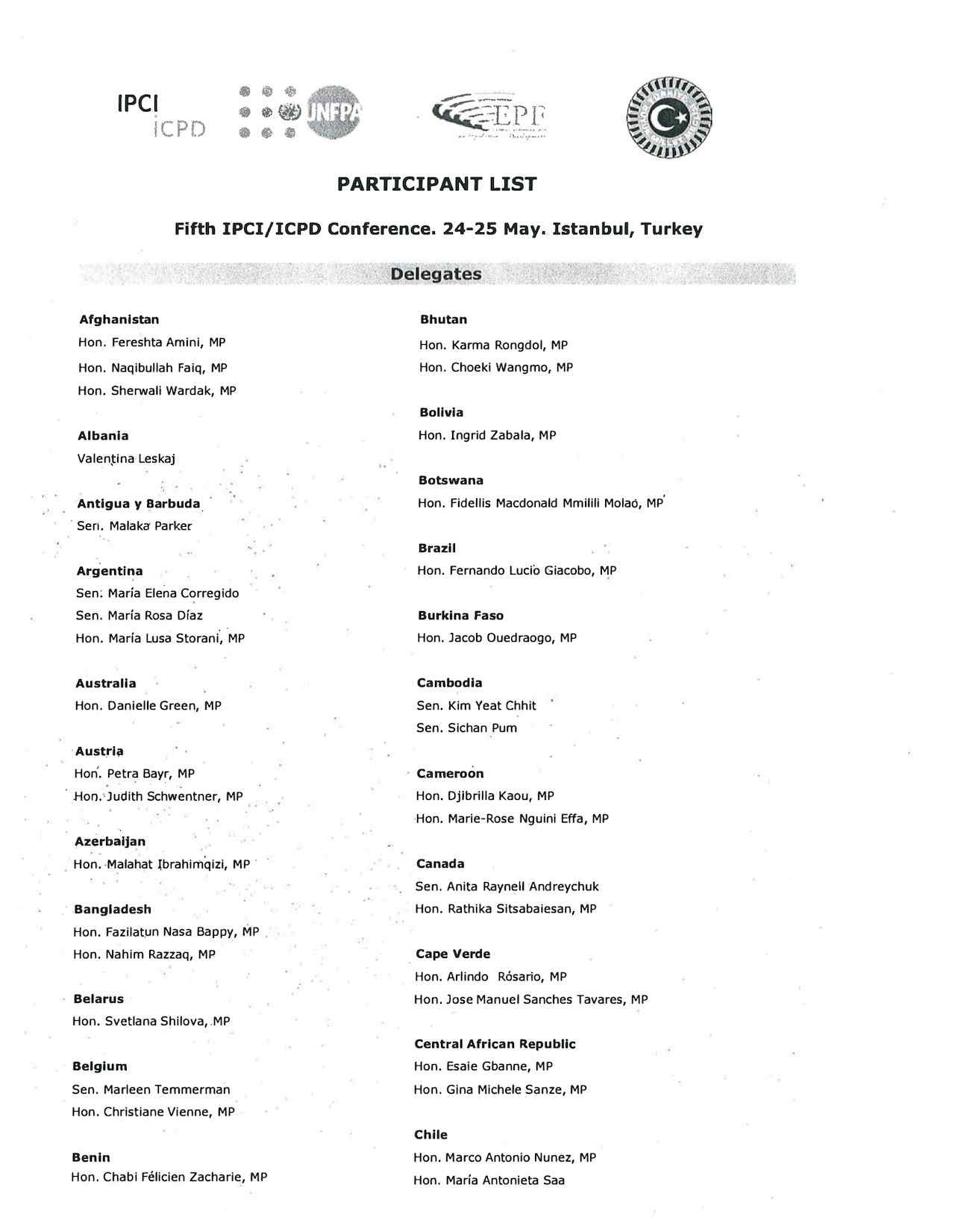 List of Participants: Fifth IPCI/ICPD Conference (May 2012)