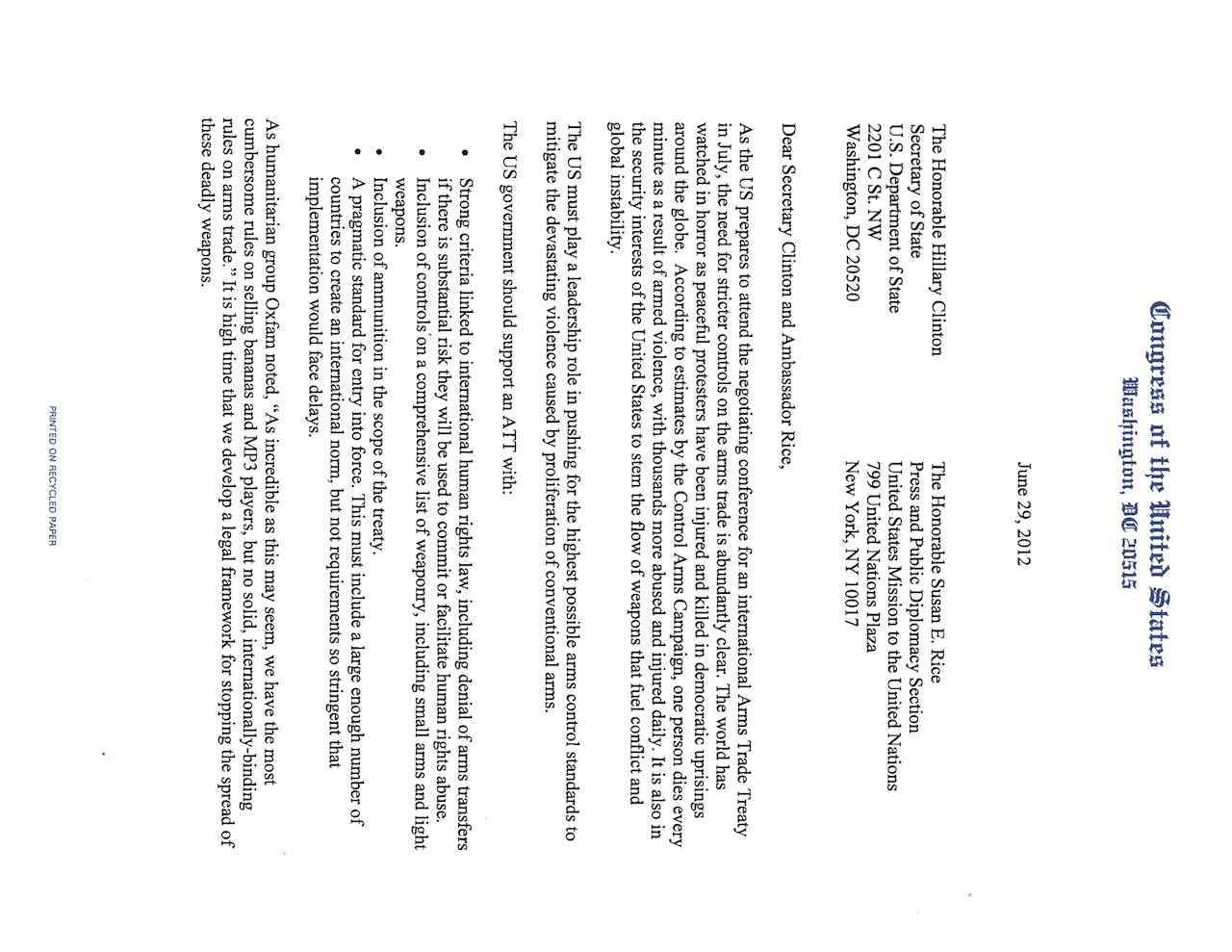 Letter of Parliamentarians to Hillary Clinton and Susan E. Rice - Arms Trade Treaty