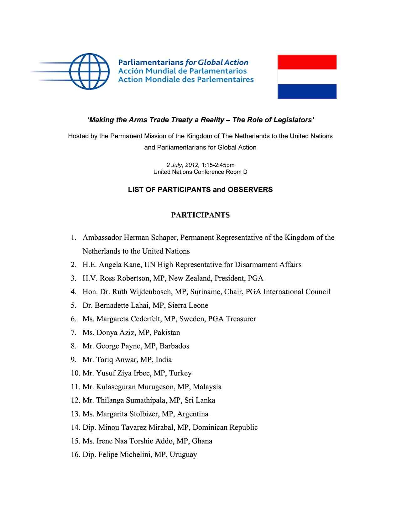 List of Participants: Making the Arms Trade Treaty a Reality - The Role of Legislators