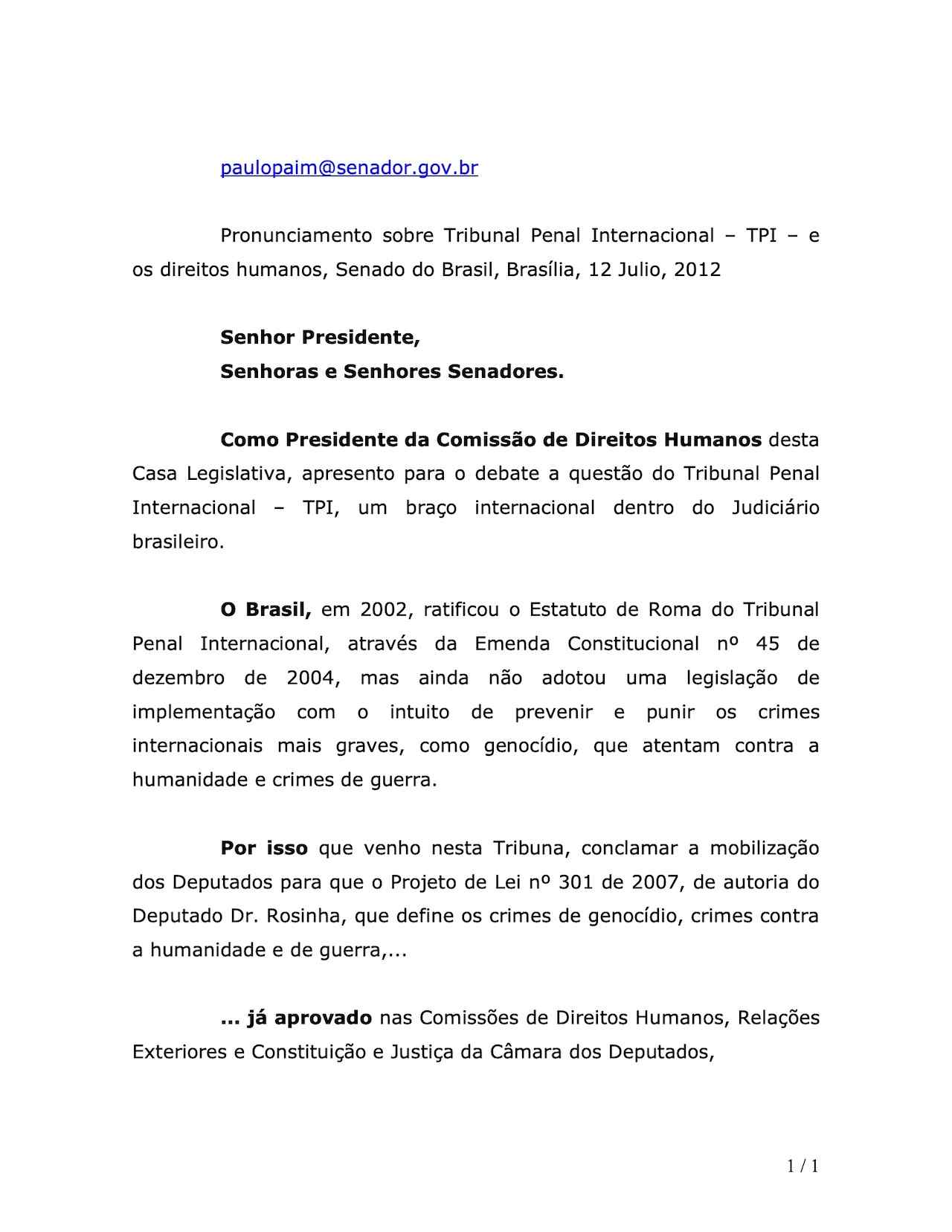 Remarks by Senador Paulo Paim (July 2012)