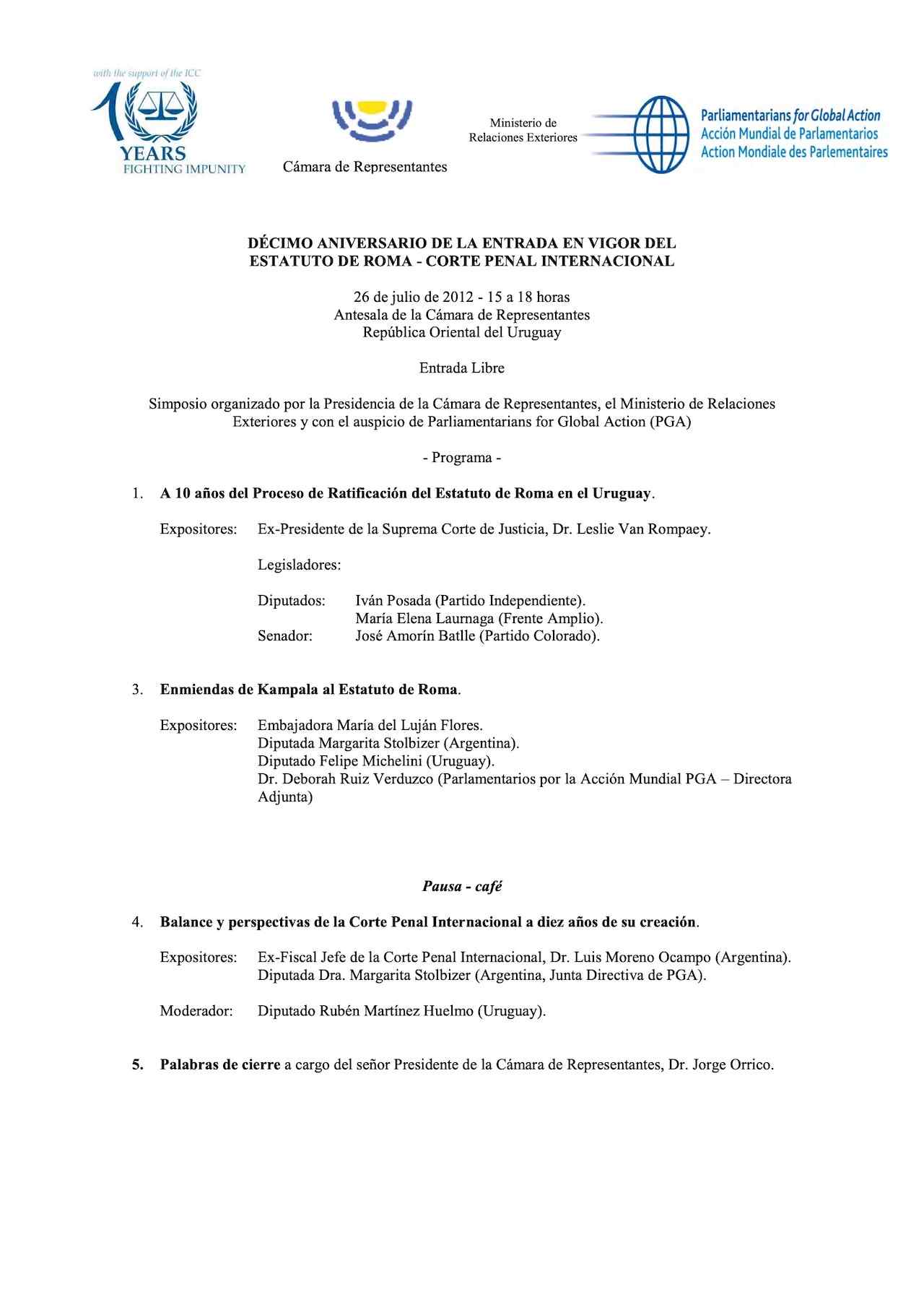 Programa: Décimo Aniversario de la Entrada en Vigor del Estatuto de Roma - Corte Penal Internacional
