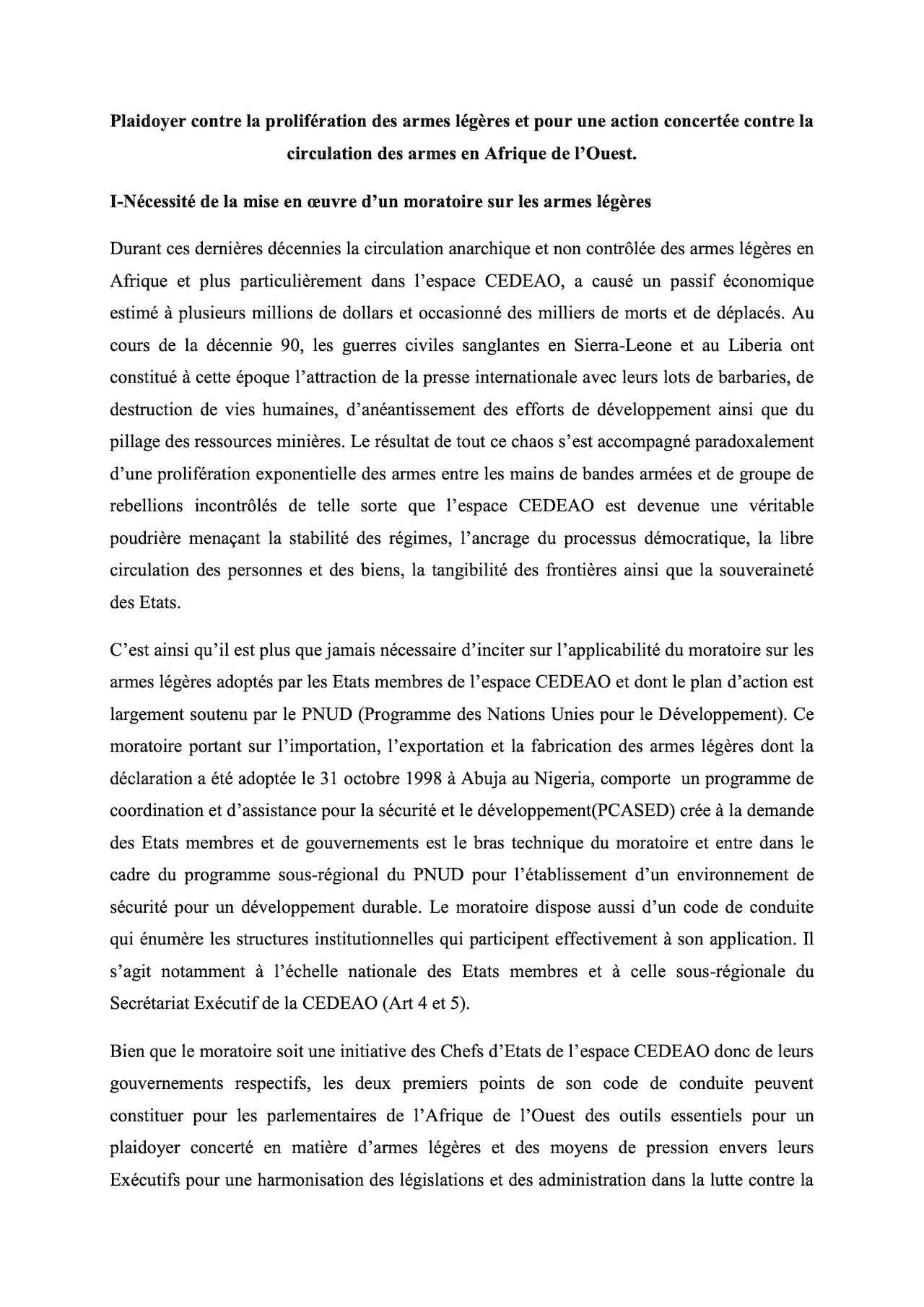 Plaidoyer contre la prolifération des armes légères et pour une action concertée contre la circulation des armes en Afrique de l’Ouest