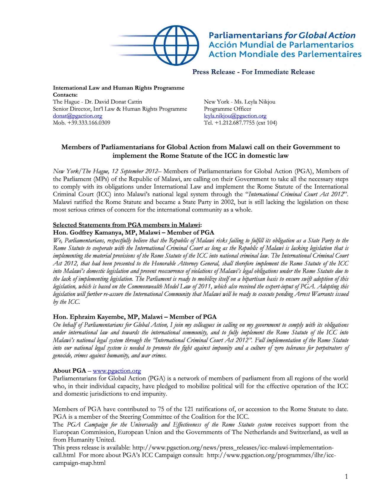 Members of Parliamentarians for Global Action from Malawi call on their Government to implement the Rome Statute of the ICC in domestic law