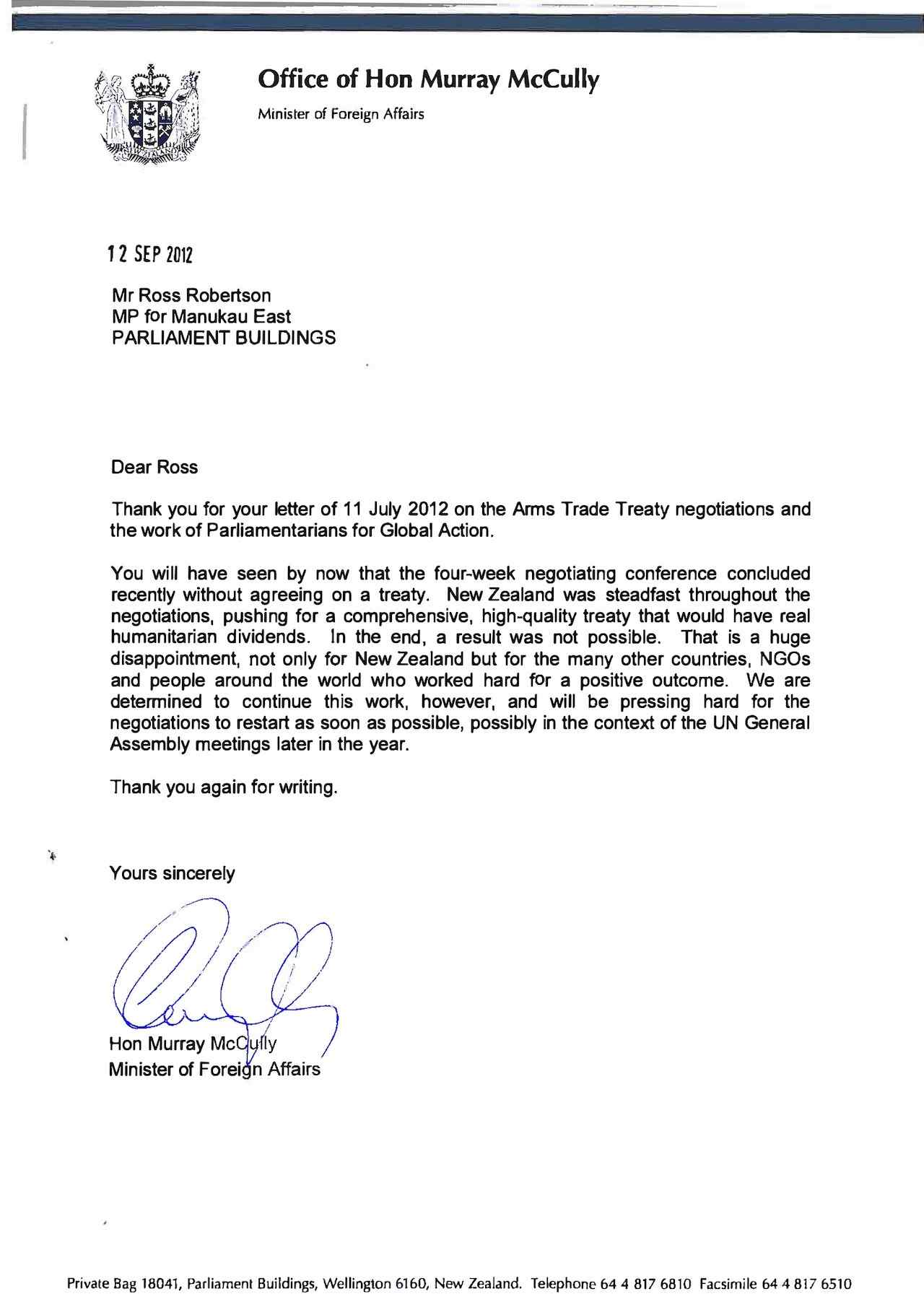 Letter of Hon. Murrary McCully to Ross Robertson (Sep. 2012)