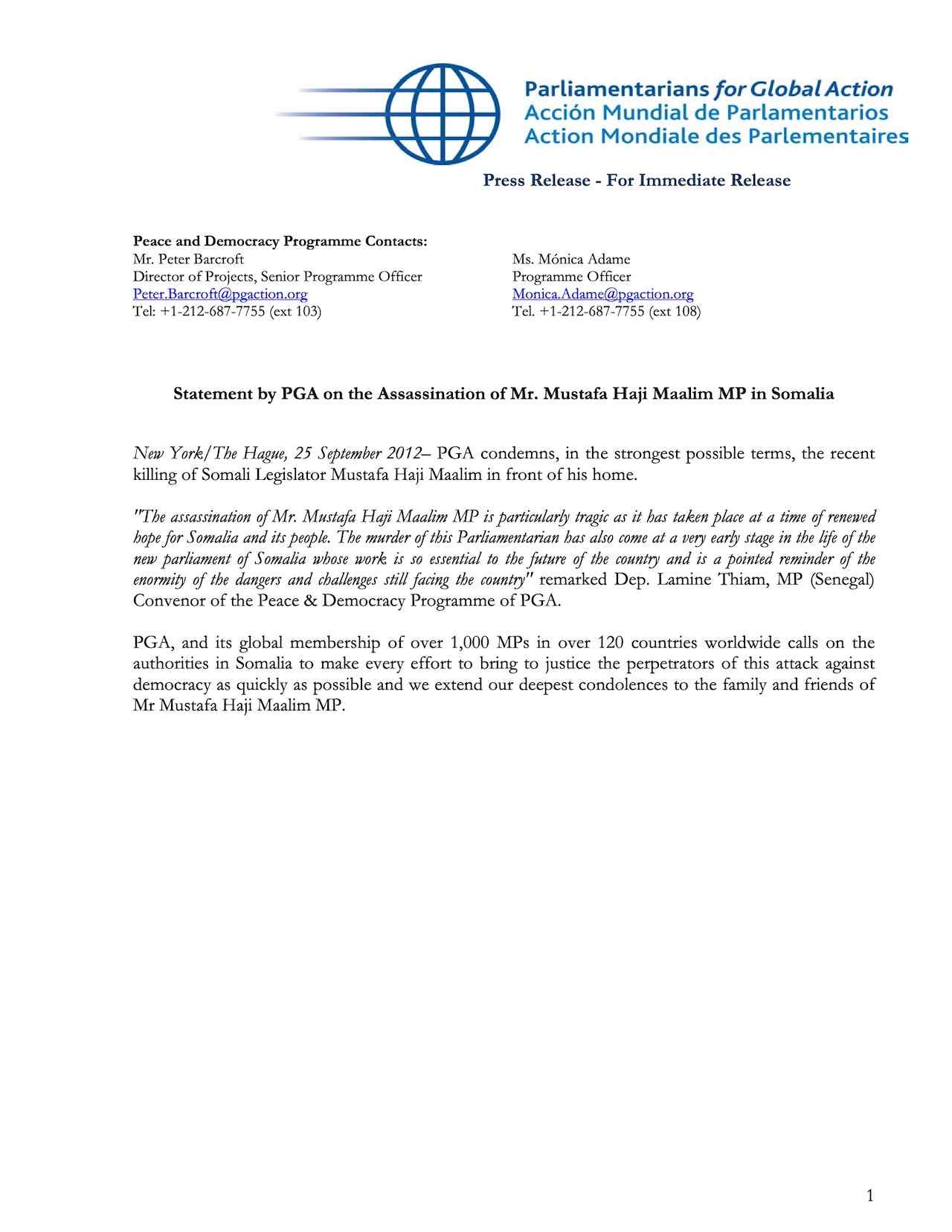 Statement by PGA on the Assassination of Mr. Mustafa Haji Maalim MP in Somalia