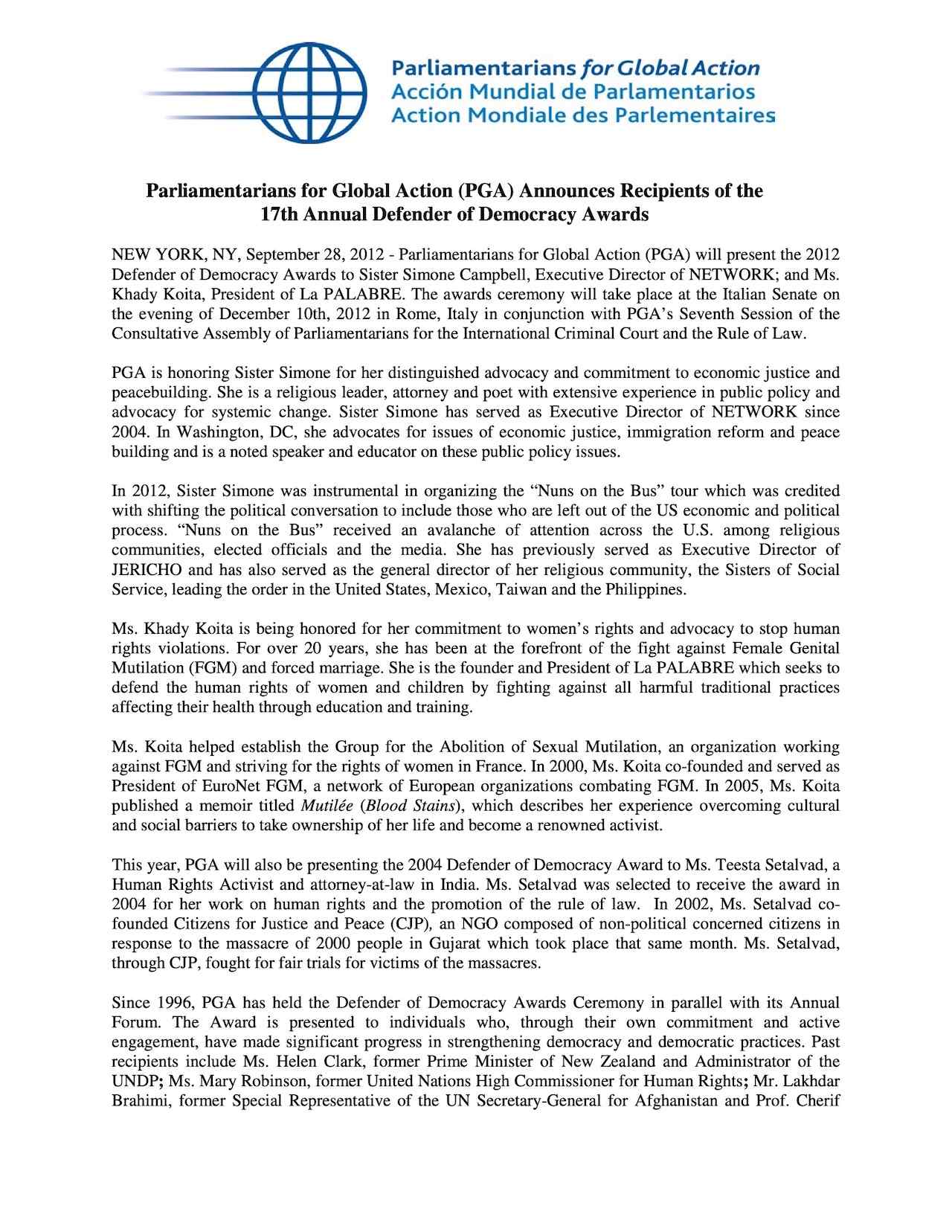 PGA Announces Recipients of 17th Annual Defender of Democracy Awards