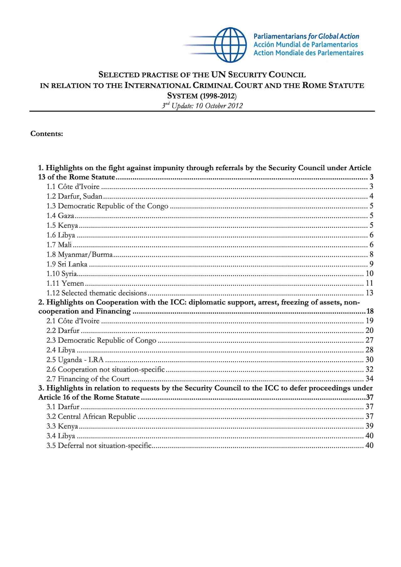 Selected Practise of the UN Security Council in Relation to the International Criminal Court and the Rome Statute System (1998-2012)