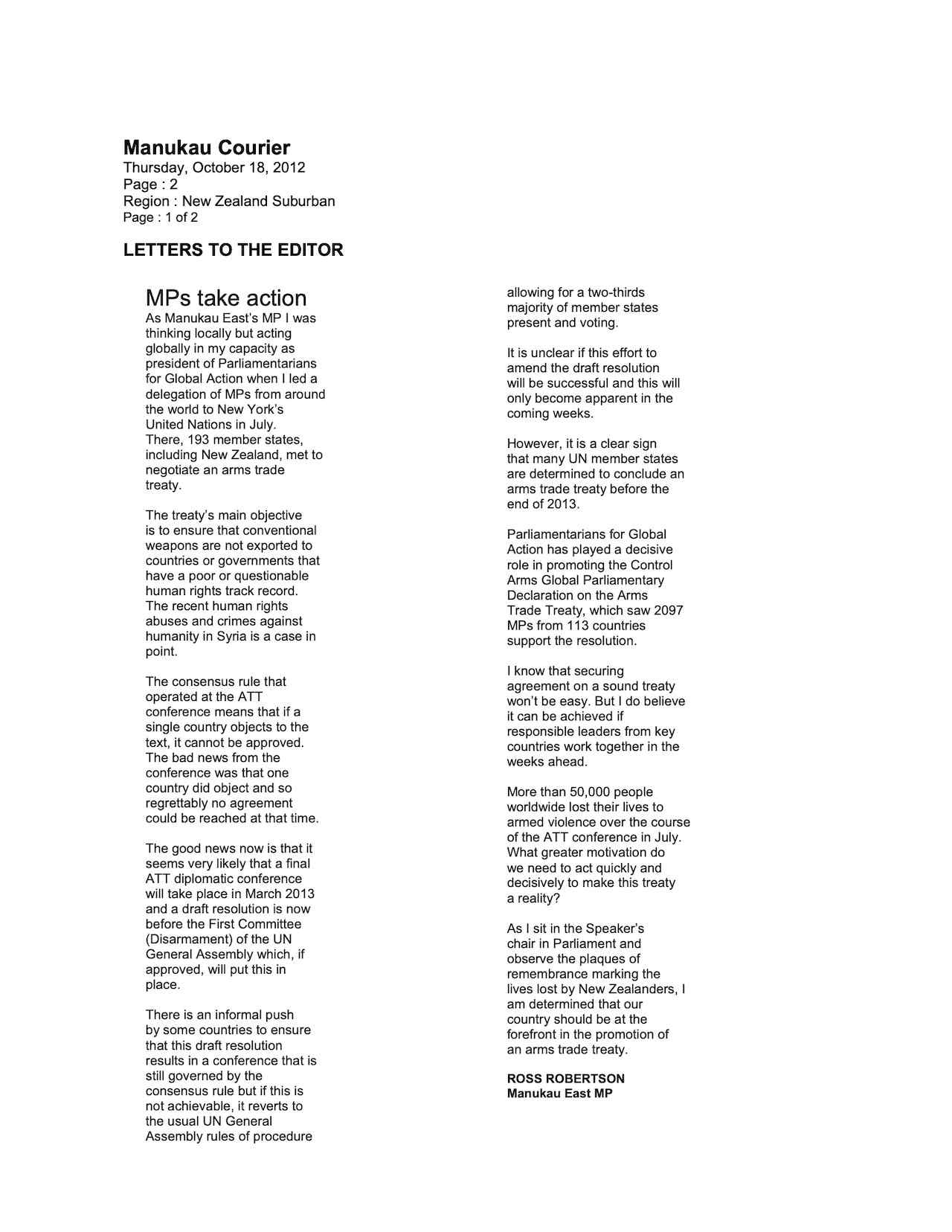 Letter of Ross Robertson to the Editor of Manukau Courier