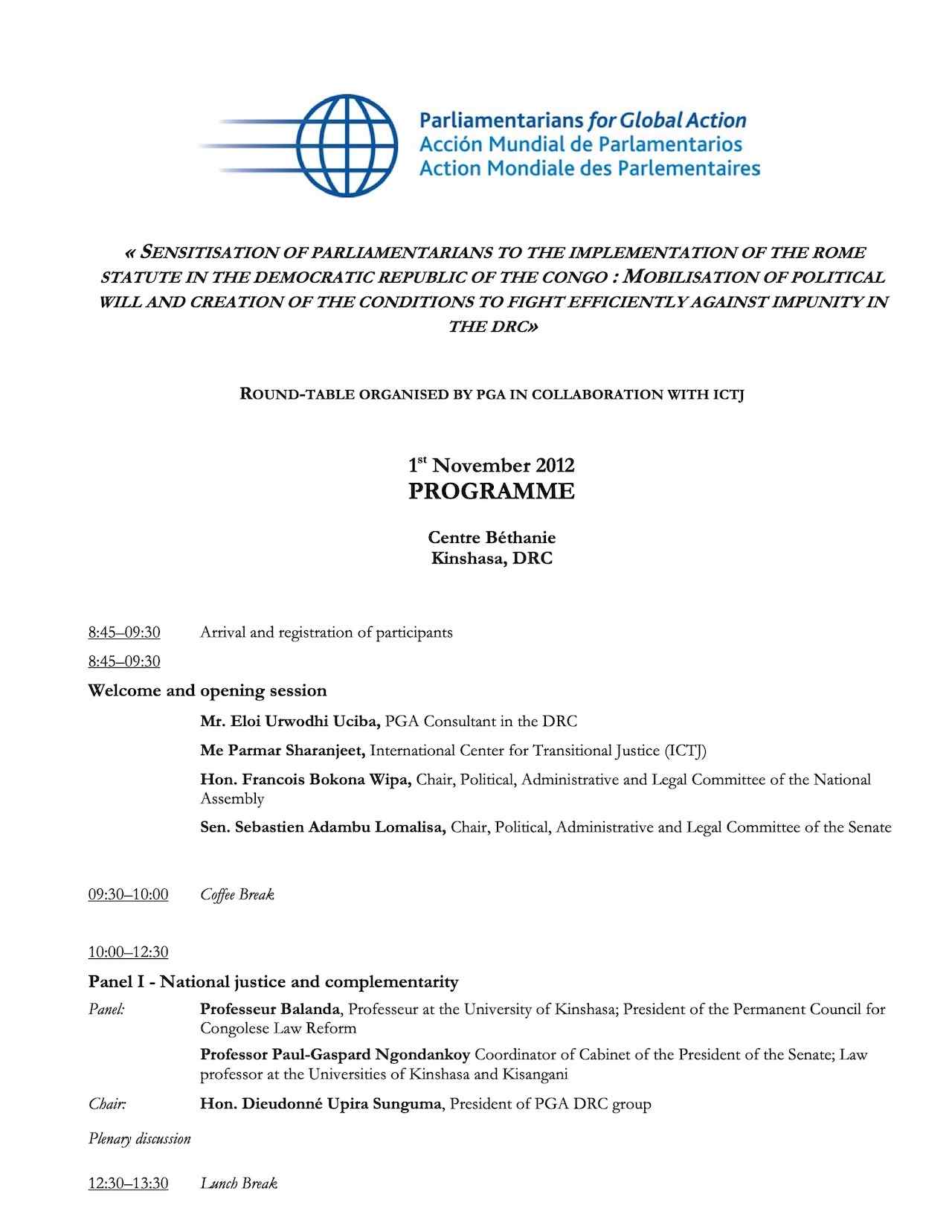 Agenda: Roundtable, Kinshasa, DRC (Nov. 2012)