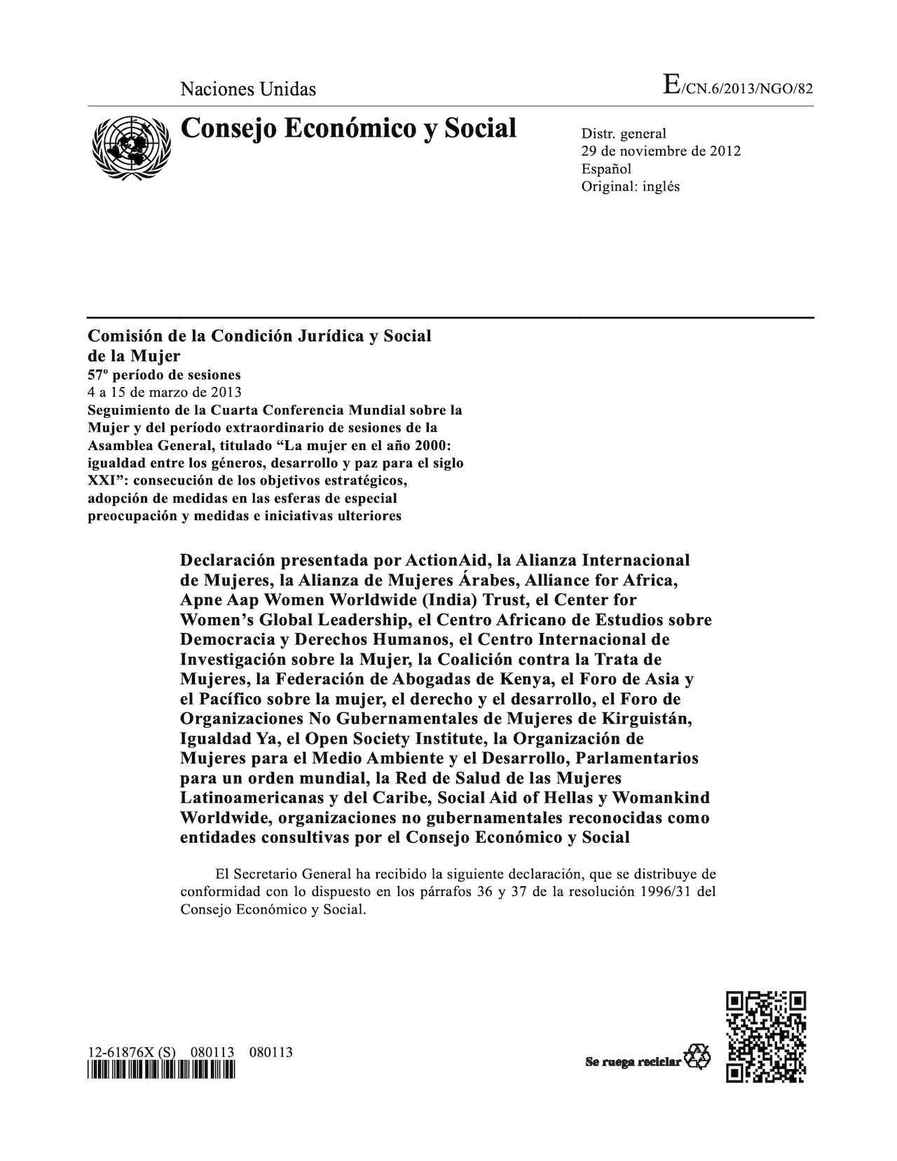 Comisión de la Condición Jurídica y Social de la Mujer: Declaración