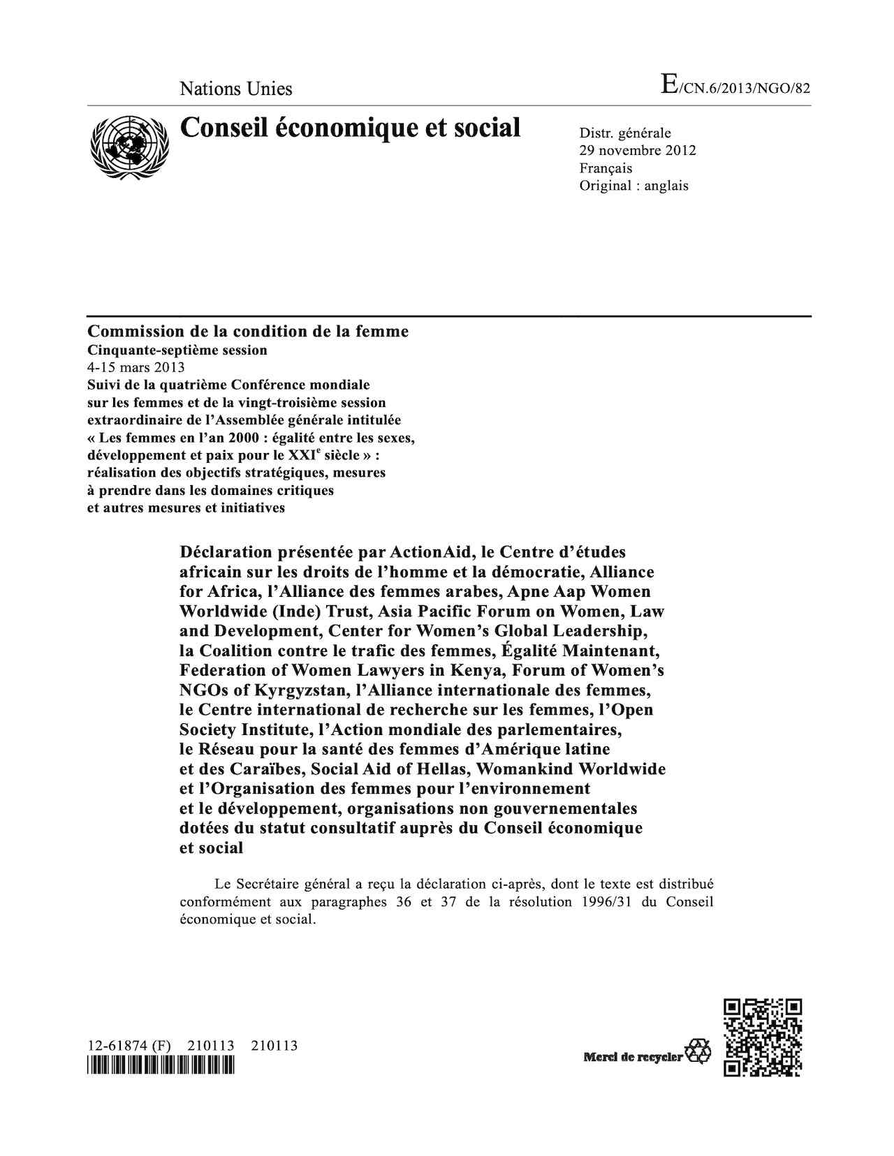 Commission de la condition de la femme : Déclaration