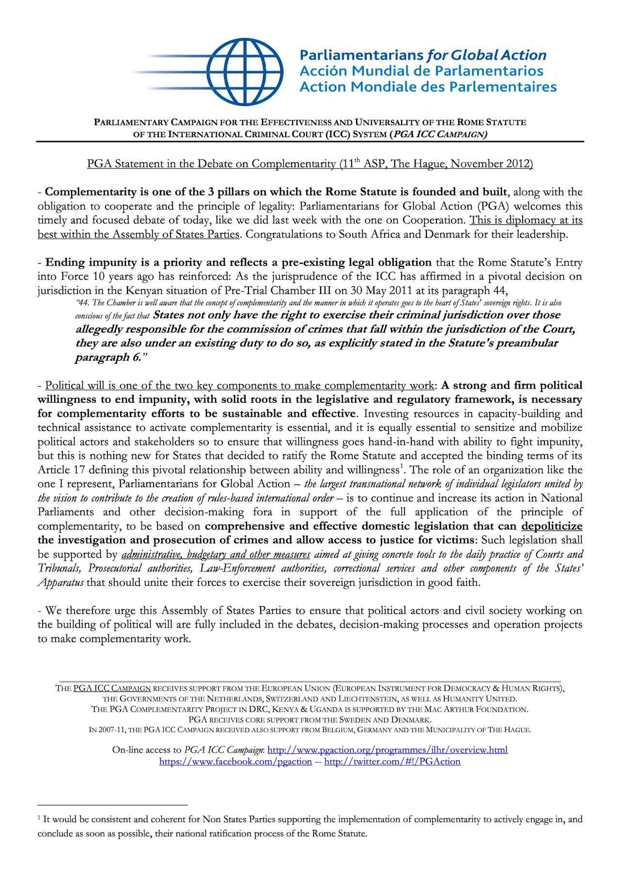 PGA Statement in the Debate on Complementarity (11th ASP, The Hague, November 2012)
