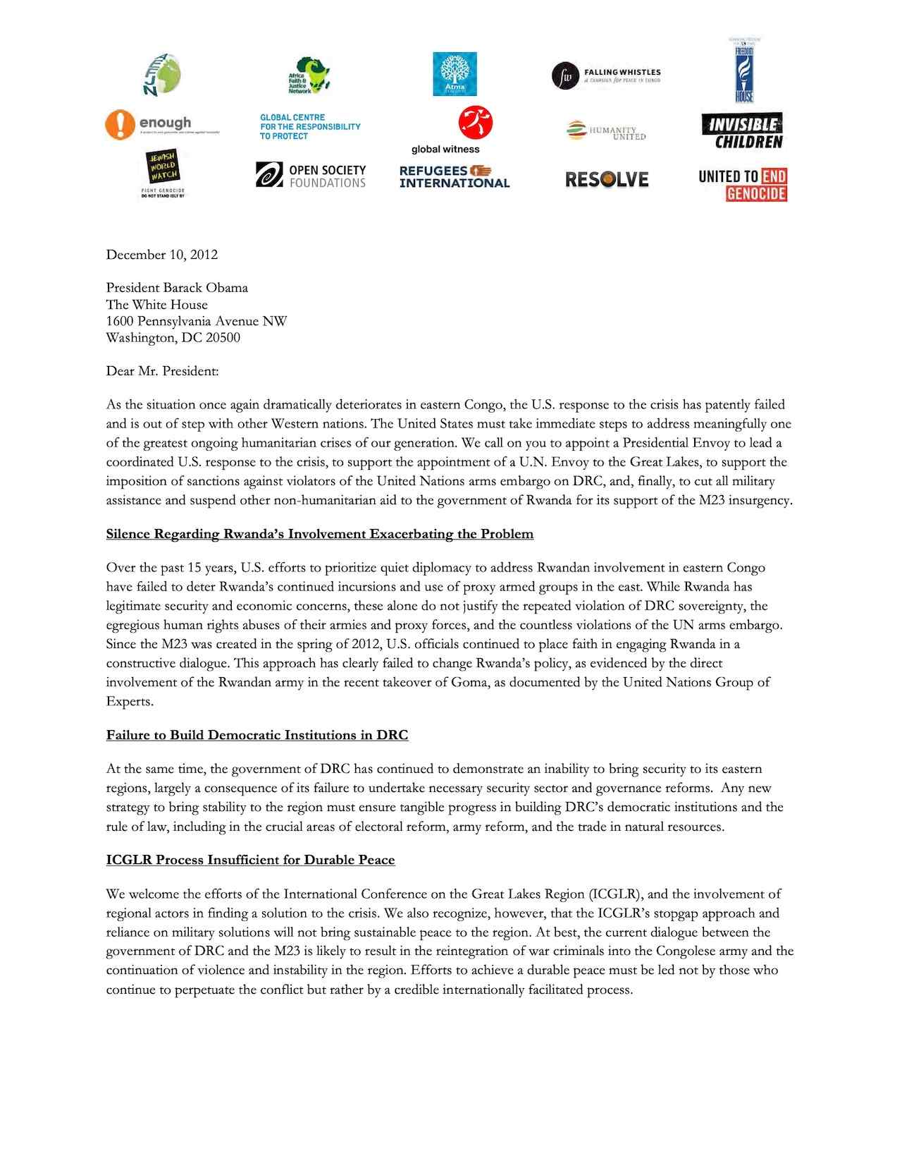 Letter of NGOs to President Barack Obama on Situation in Congo (Dec. 2012)