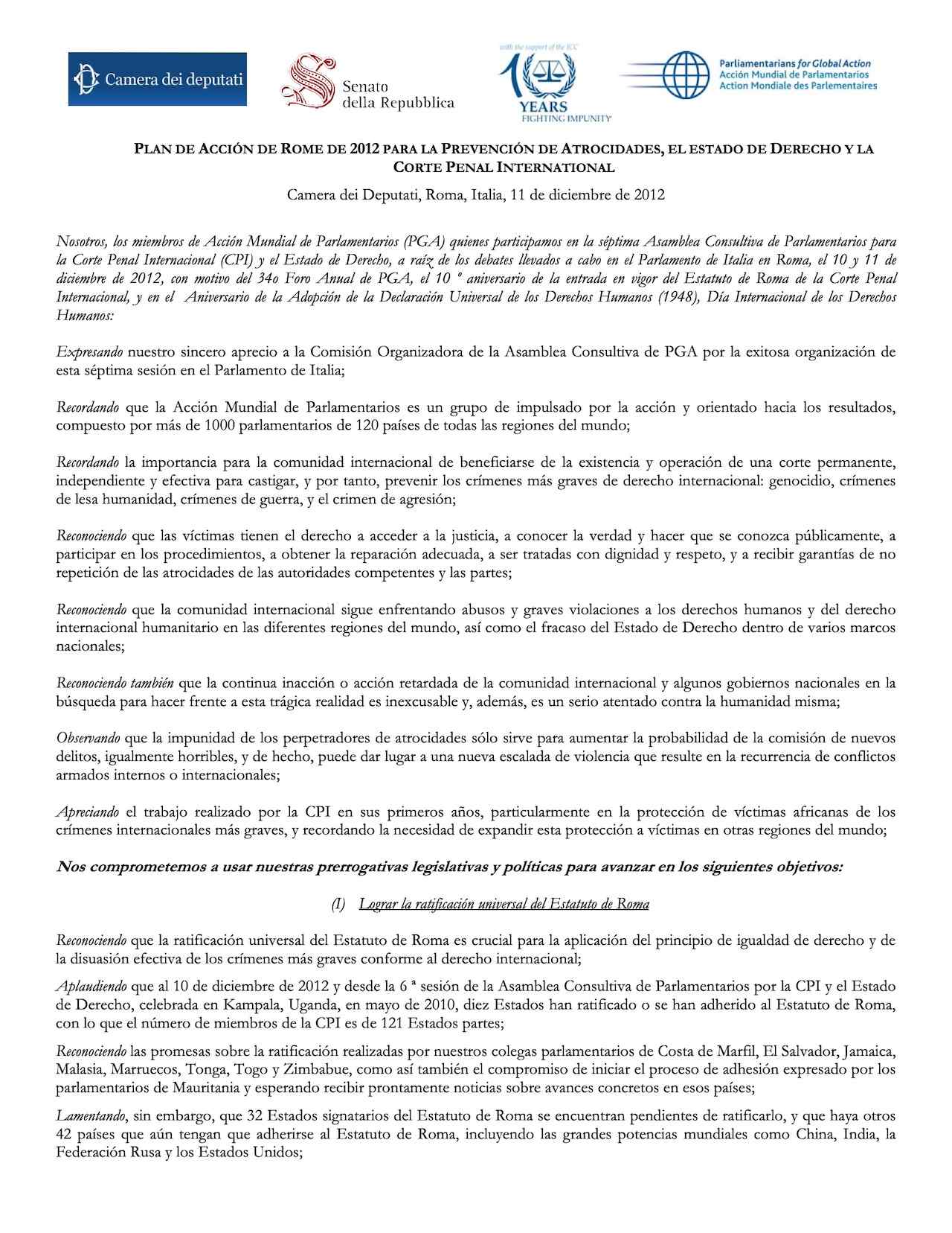 Plan De Acción De Rome De 2012 Para La Prevención De Atrocidades, El Estado De Derecho Y La Corte Penal International
