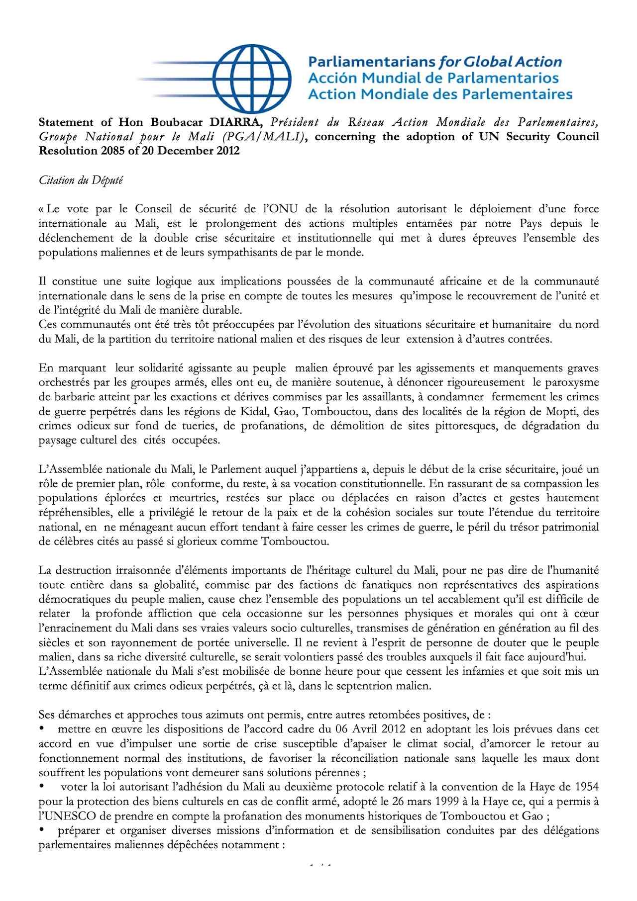 Statement of Hon Boubacar Diarra concerning the adoption of UN Security Council Resolution 2085 (2012)