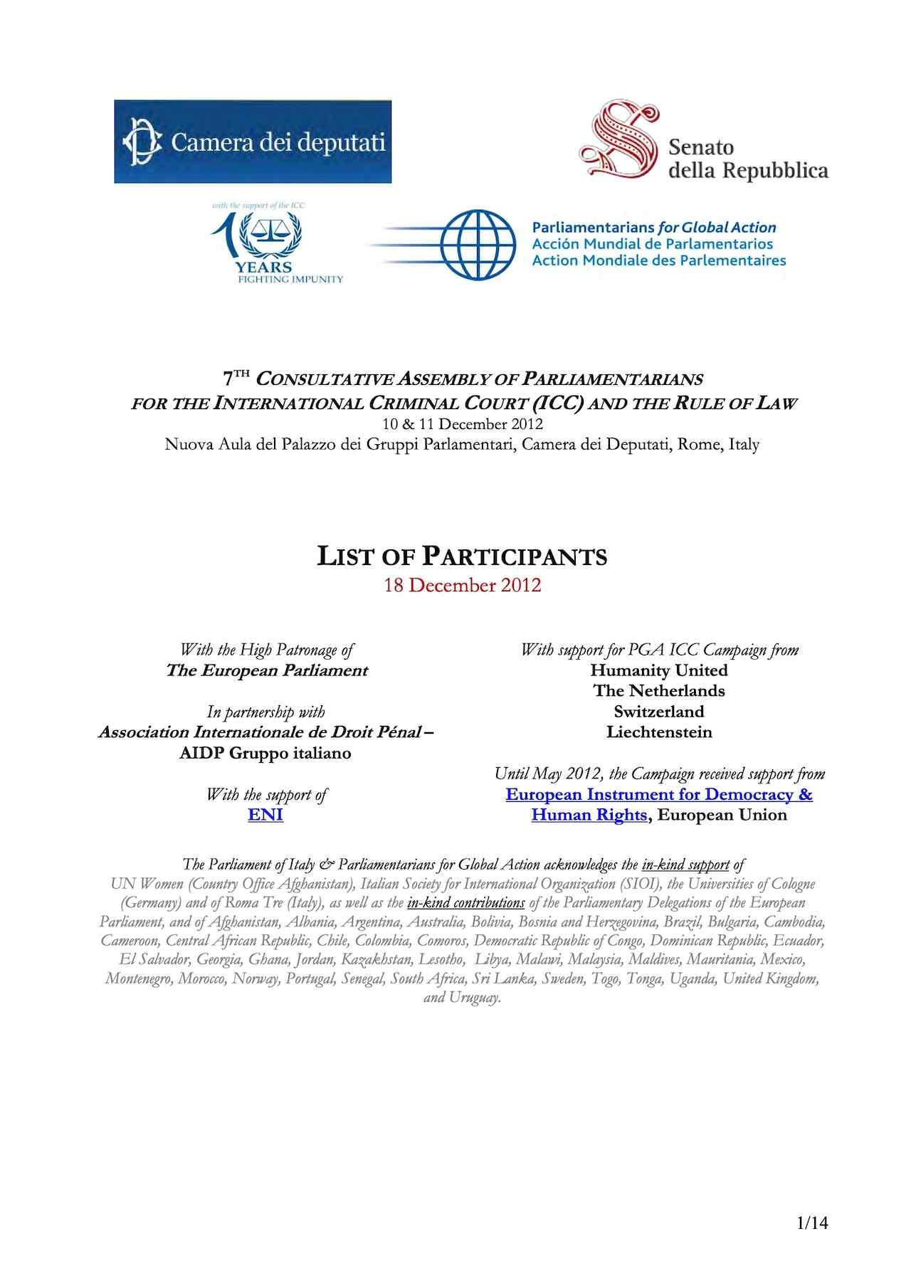 List of Participants: 7th Consultative Assembly Of Parliamentarians For The International Criminal Court (ICC) And The Rule Of Law