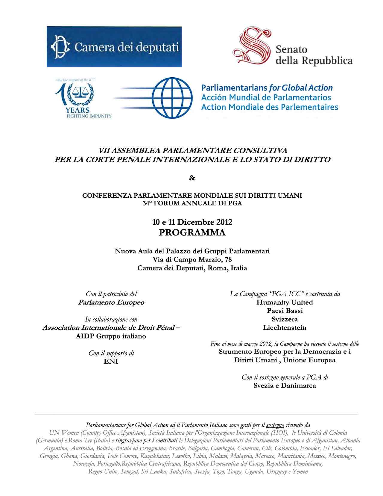 Agenda: Vii Assemblea Parlamentare Consultiva Per La Corte Penale Internazionale E Lo Stato Di Diritto