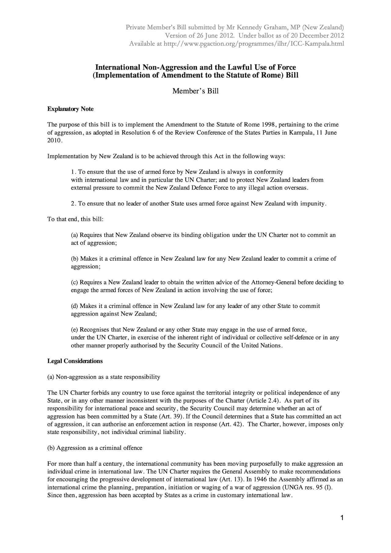 International Non-Aggression and the Lawful Use of Force (Implementation of Amendment to the Statute of Rome) Bill