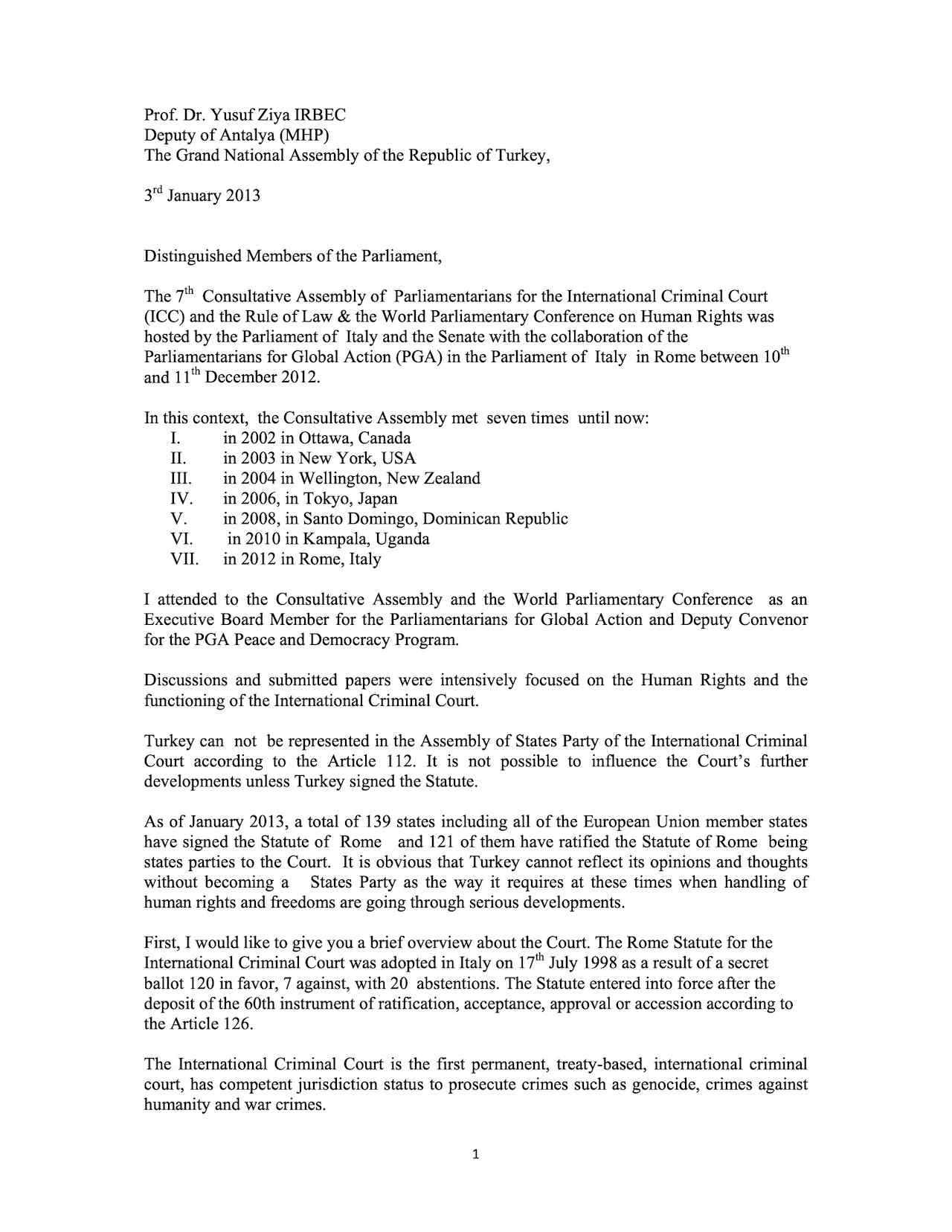 Remarks by Prof. Dr. Yusuf Ziya Irbec - 7th Consultative Assembly of Parliamentarians for the International Criminal Court
