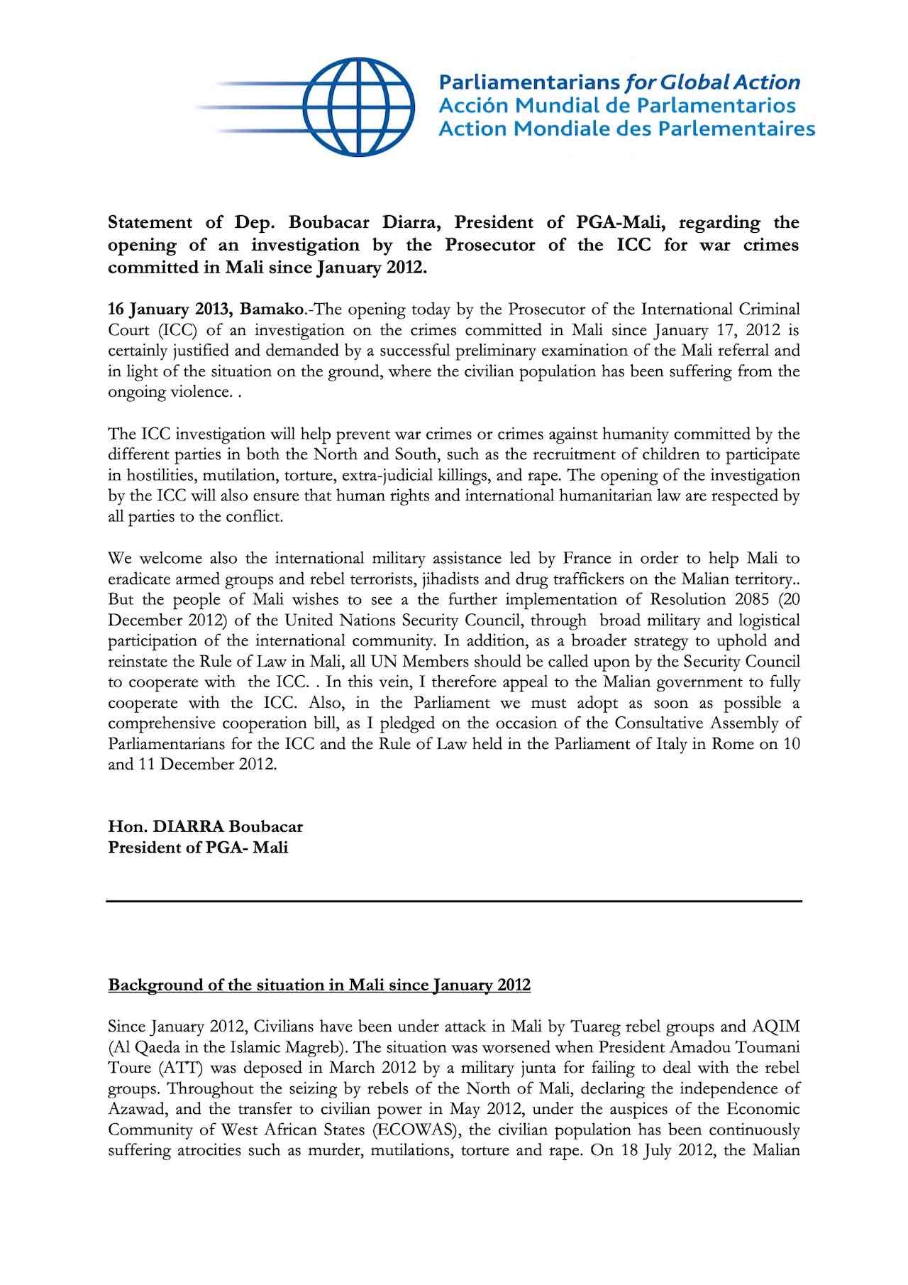 Statement of Dep. Boubacar Diarra, President of PGA-Mali, regarding the opening of an investigation by the Prosecutor of the ICC for war crimes committed in Mali since January 2012.