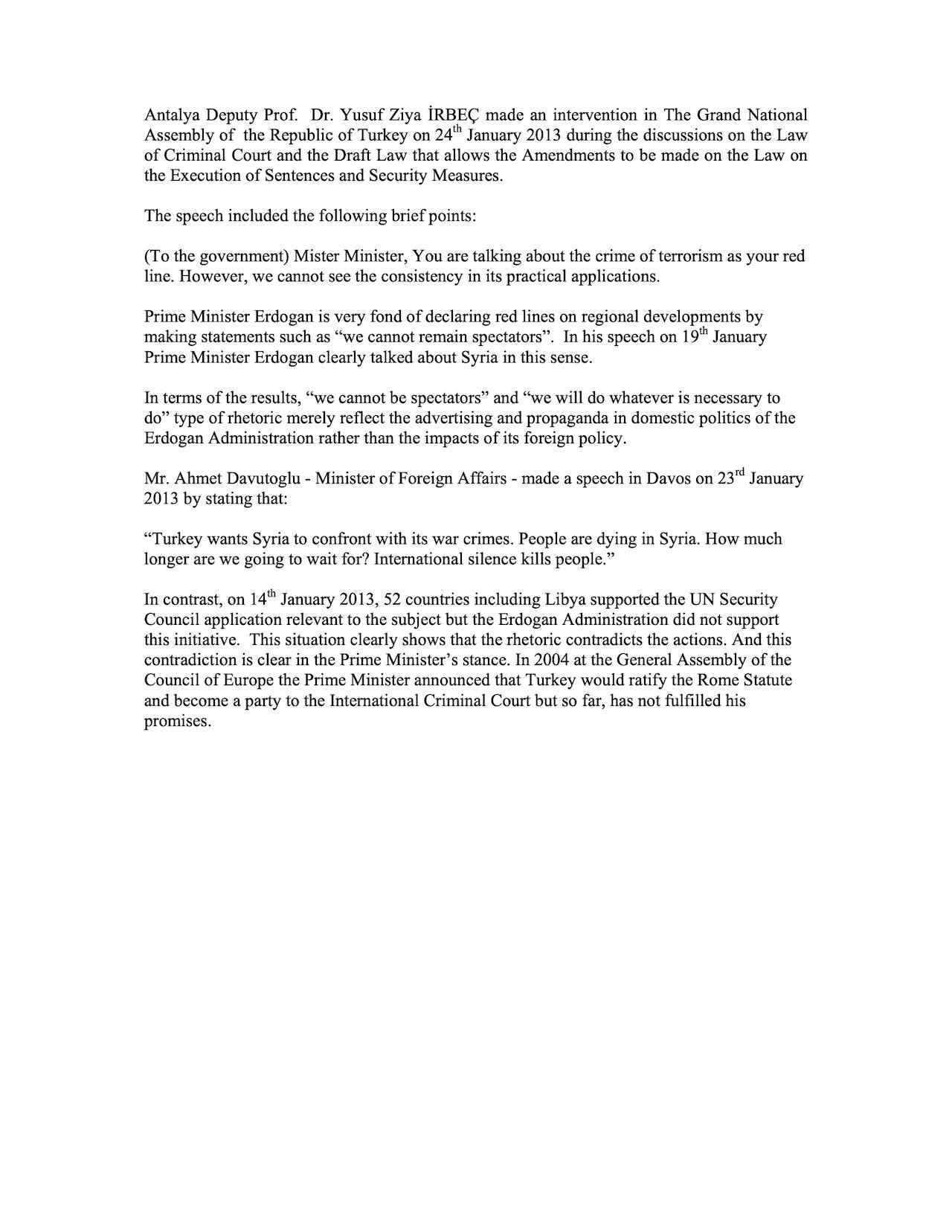 Intervention by Antalya Deputy Prof. Dr. Yusuf Ziya İRBEÇ in National Assembly of Turkey