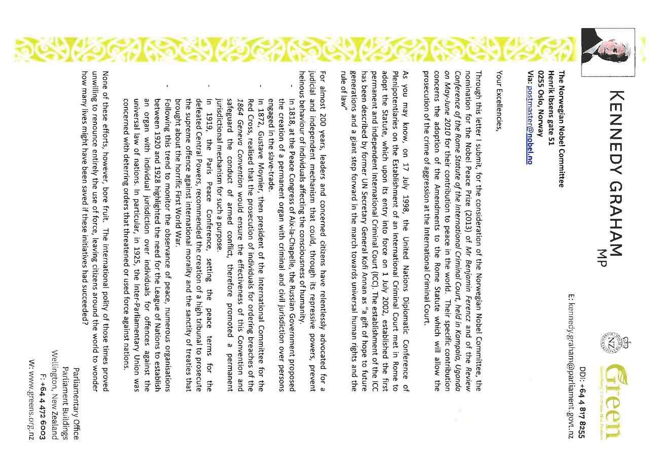 Letter of Kennedy Graham MP to the Norwegian Nobel Committee