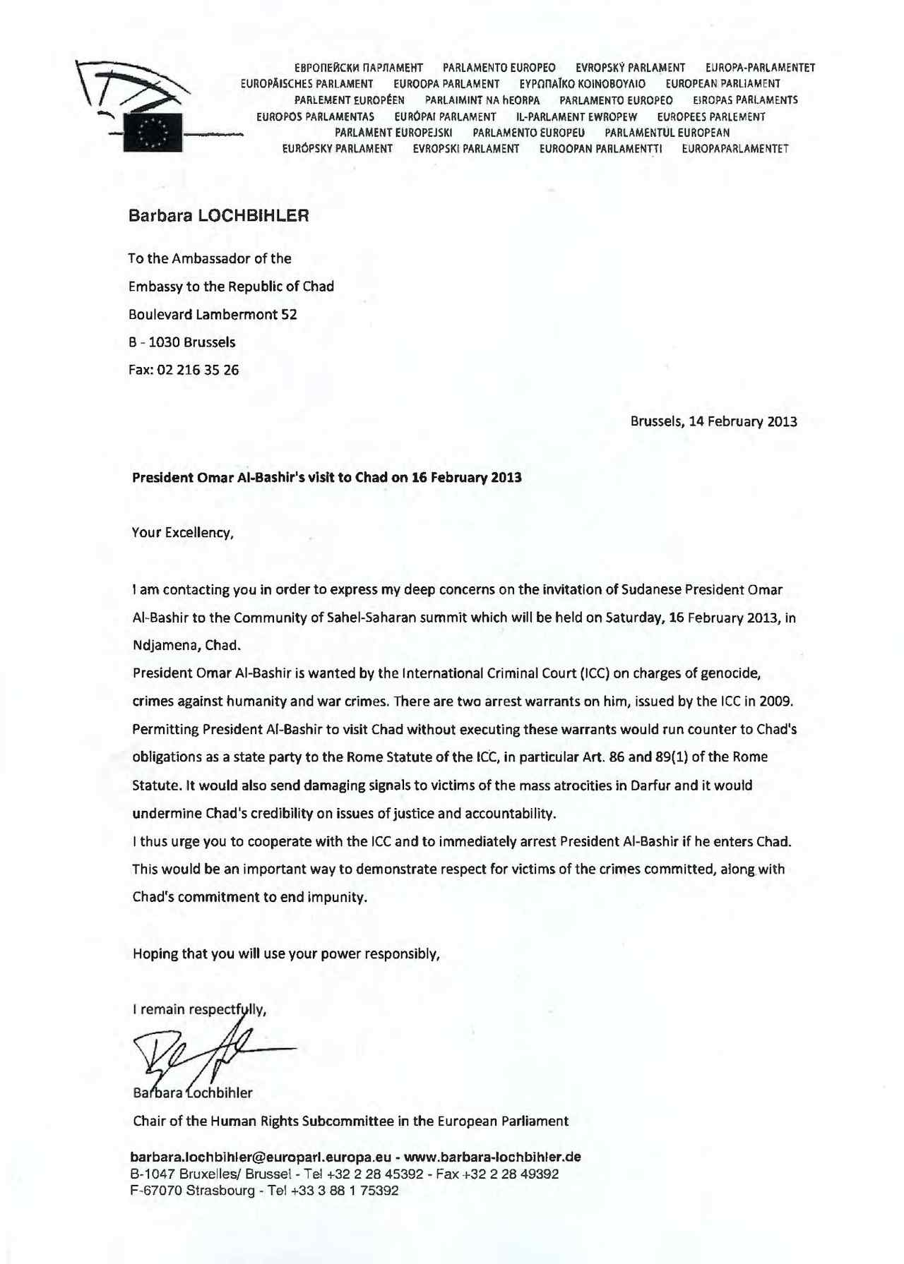 Letter of Barbara Lochbihler to the Ambassador of the Embassy to the Republic of Chad