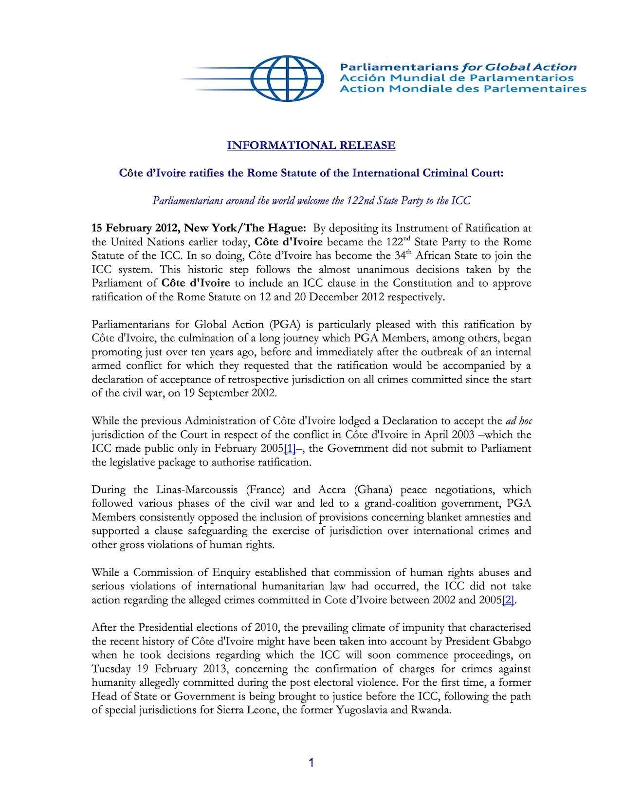 Côte d’Ivoire ratifies the Rome Statute of the International Criminal Court