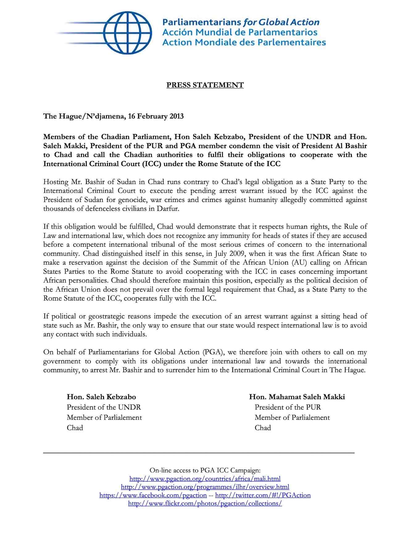 Statement of Leaders of the opposition, Hon Saleh Kebzabo, MP and Hon. Saleh Makki, MP, PGA members