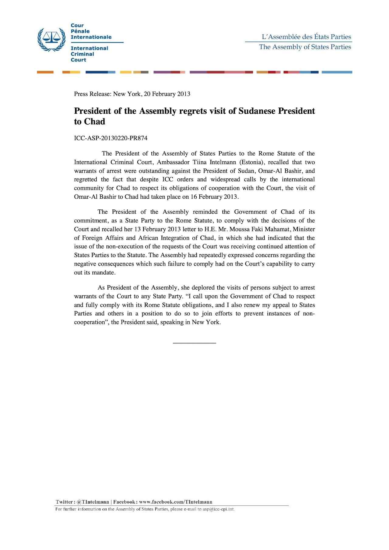 President of the Assembly regrets visit of Sudanese President to Chad