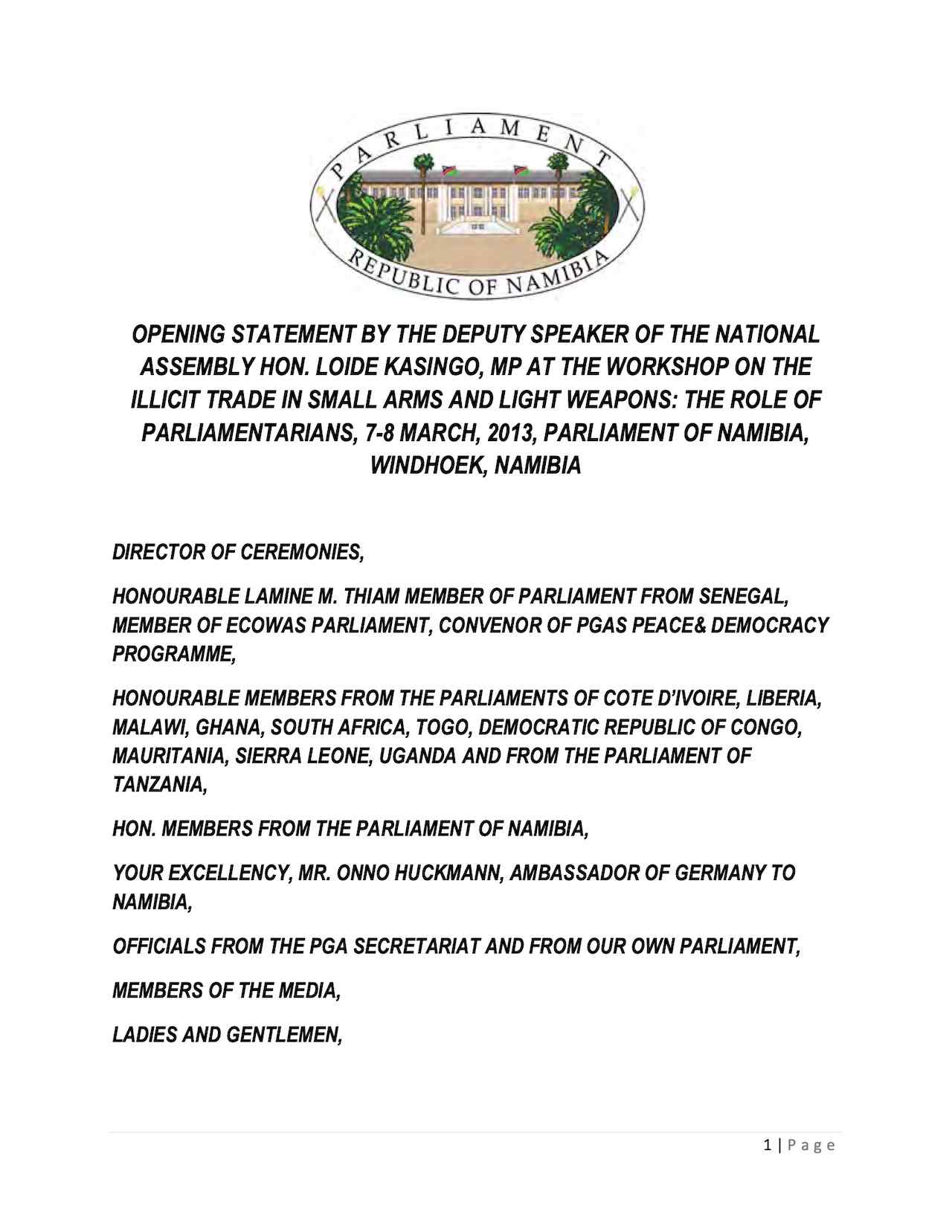 Opening Statement by the Deputy Speaker of the National Assembly Hon. Loide Kasingo