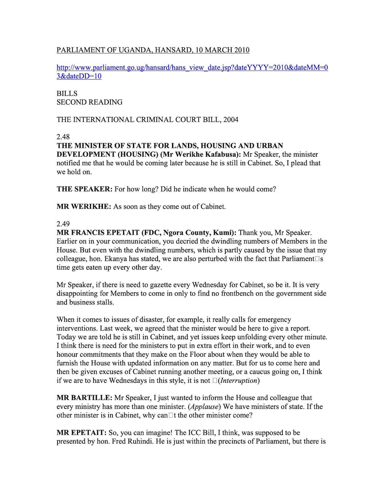 Parliament of Uganda Debate on International Criminal Court Bill