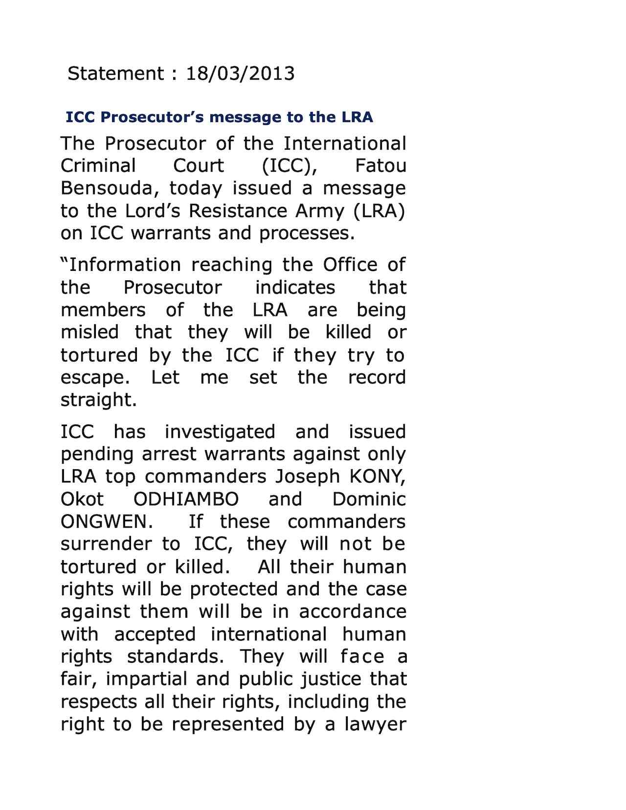 ICC Prosecutor's Message to the LRA