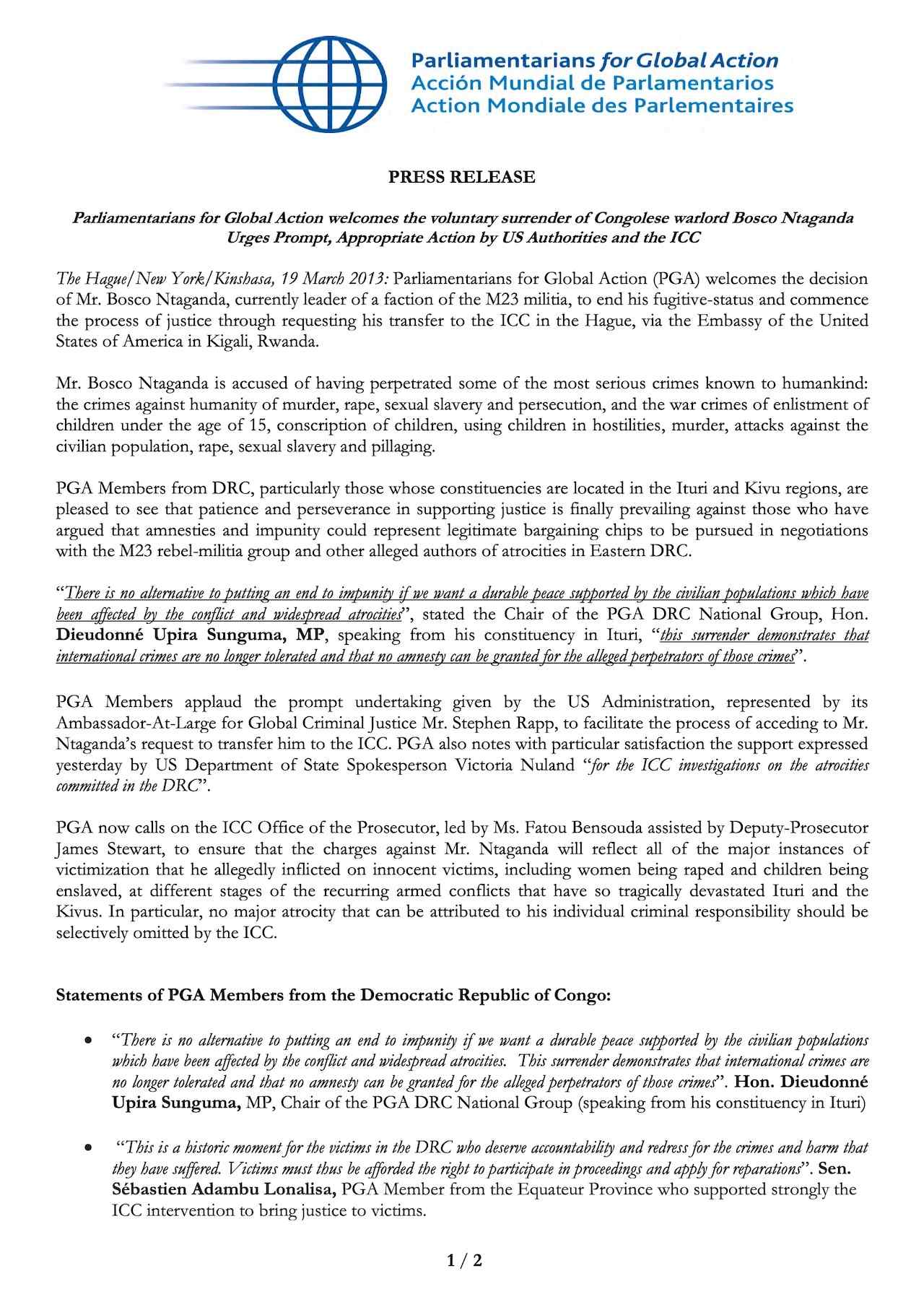 PGA welcomes the voluntary surrender of Congolese warlord Bosco Ntaganda