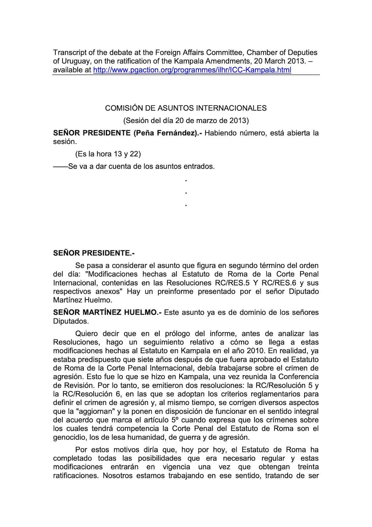 Transcript of the debate at the Foreign Affairs Committee, Chamber of Deputies of Uruguay, on the ratification of the Kampala Amendments