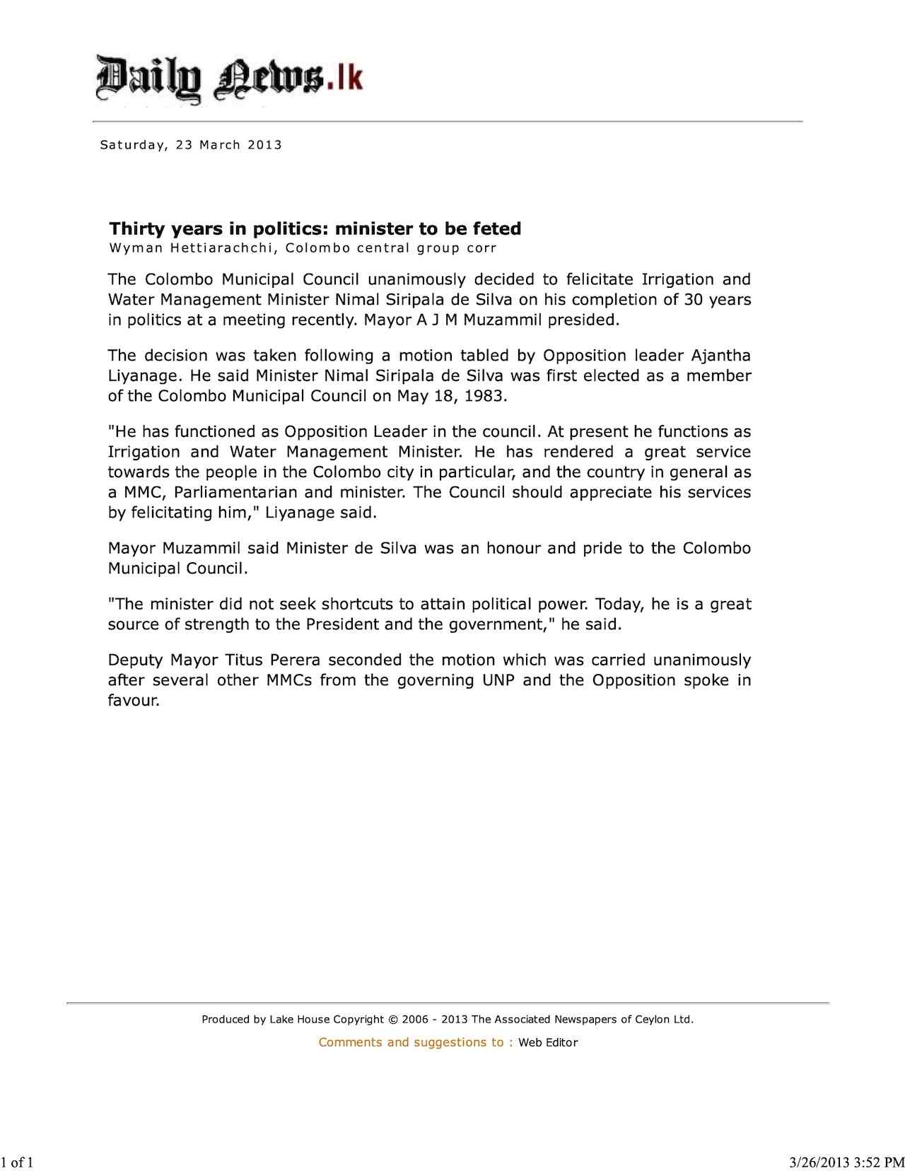 Thirty years in politics: Nimal Siripala de Silva to be feted