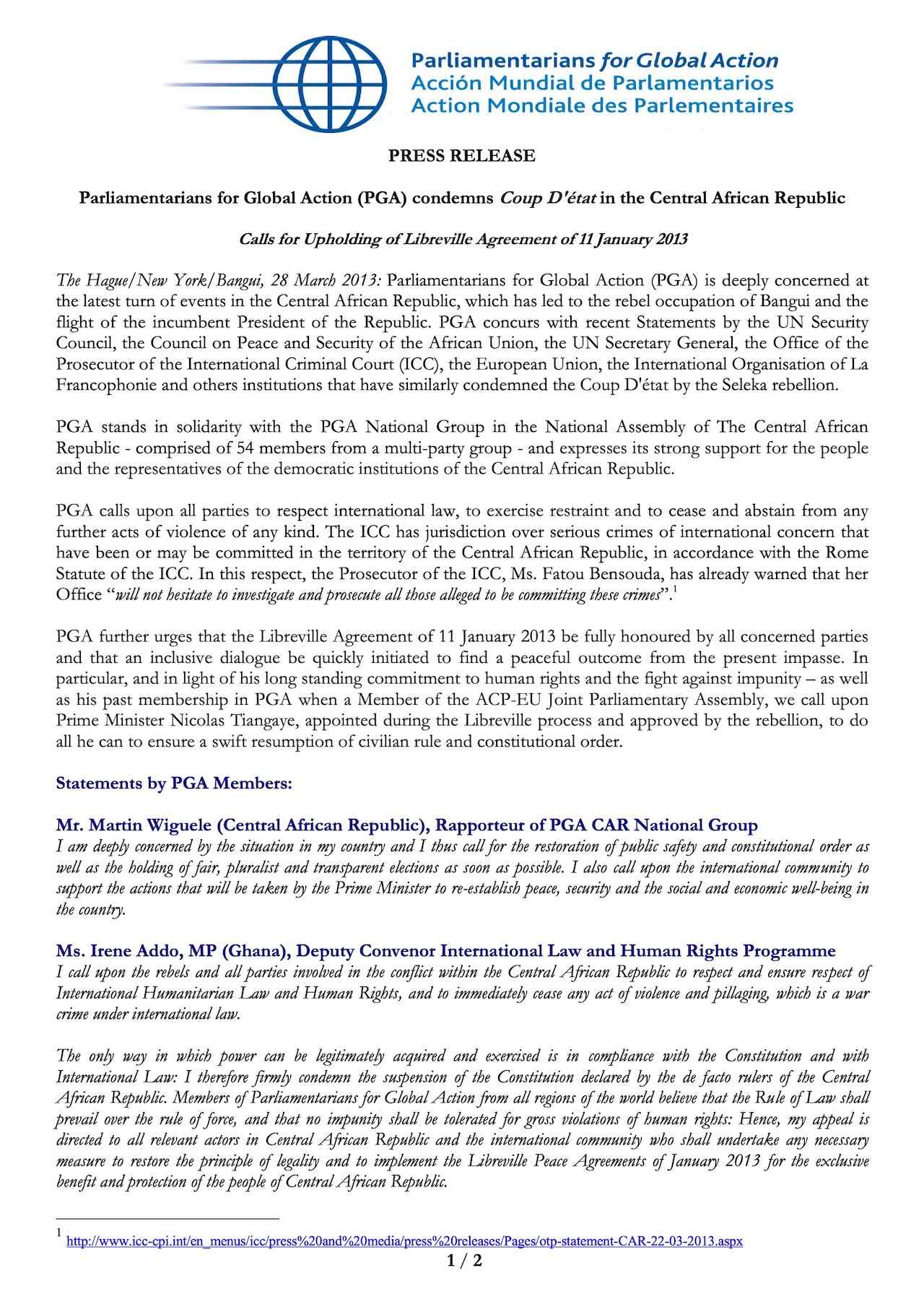 Parliamentarians for Global Action (PGA) condemns Coup D'état in the Central African Republic
